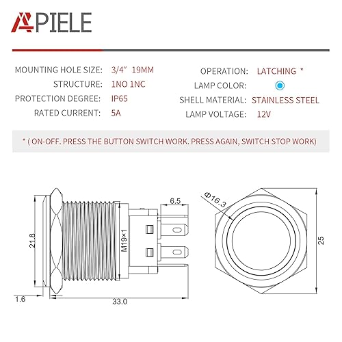 Miniatura 2 de APIELE- Interruptor de botón de cierre de 0.748 in  12 V  24 V DC LED SPDT 1NO1NC Interruptor de botón de metal de acero inoxidable con coleta (azul