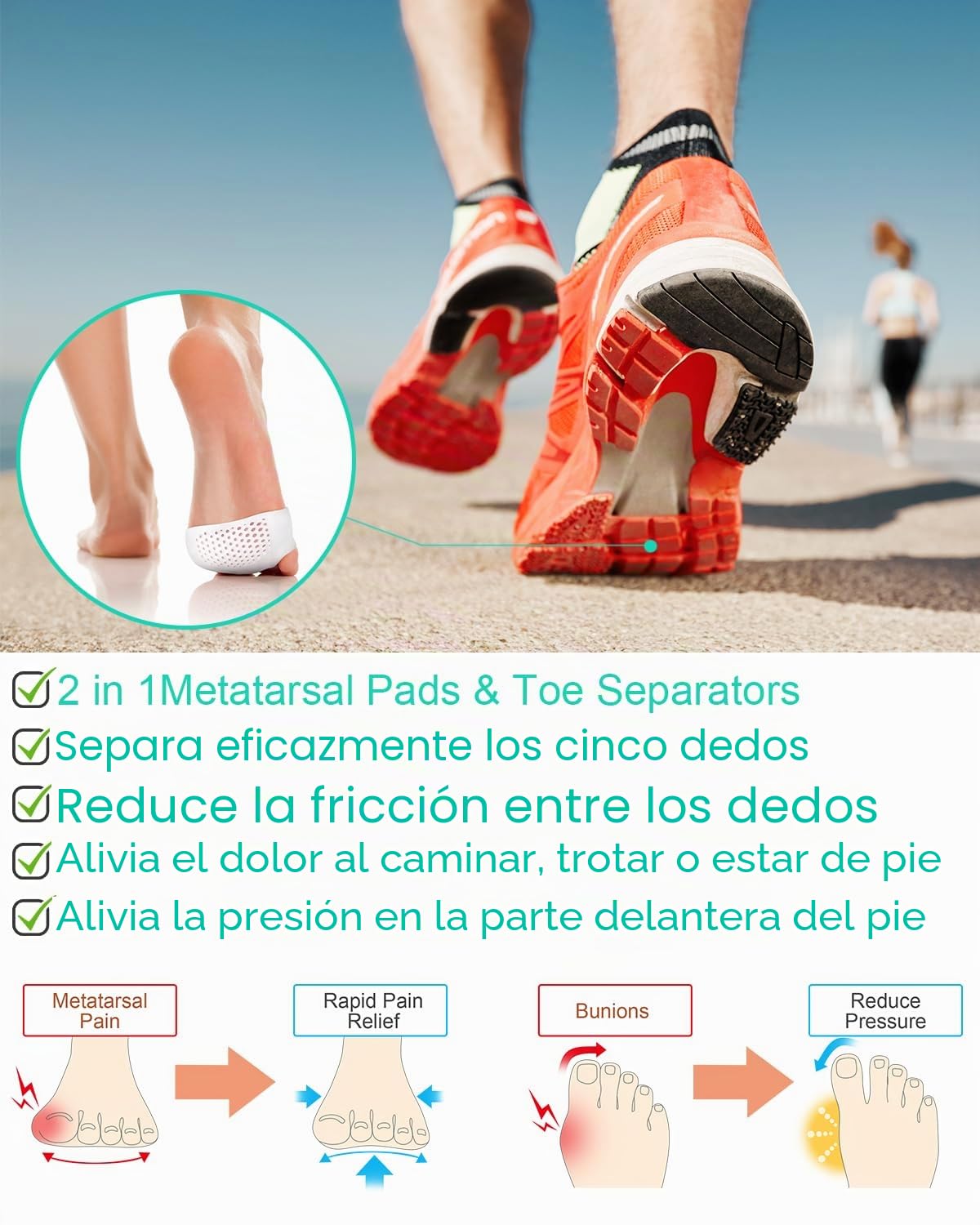 PGRODE - Almohadillas metatarsianas separadoras de dedos para corrección de juanetes, corrector de dedos en martillo suave y transpirable, espaciadores de dedos para mujeres y hombres (3 pares)