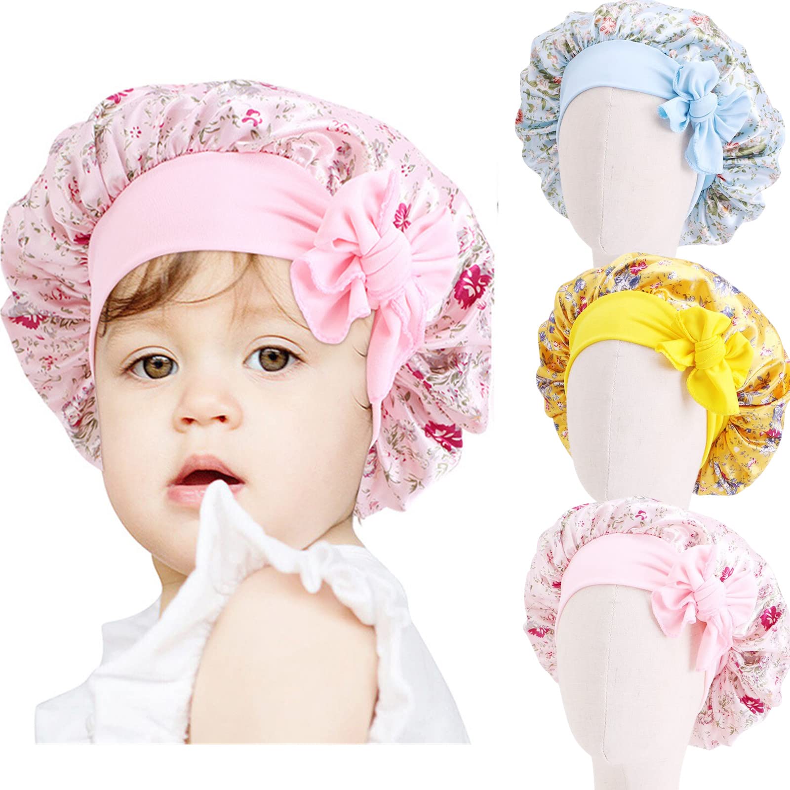 Kids Satin Bonnet Silk Bonnet with Elastic Tie Band Adjustable Straps Hair Bonnet for Sleeping Satin Bonnet Stretchy Tie Band for Teens Toddler Child Baby