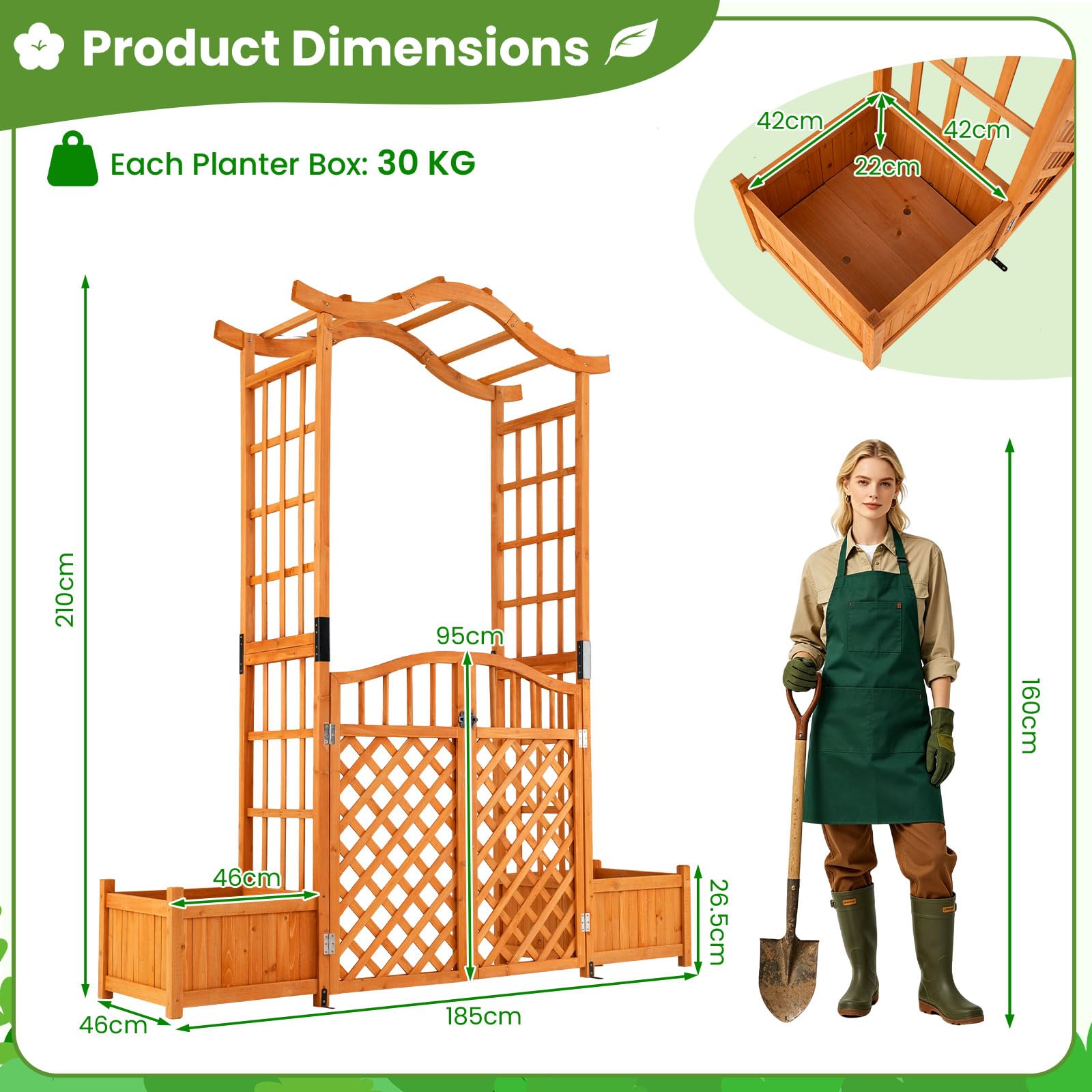 COSTWAY Rosenbogen mit Tür & 2 Blumenkästen, Gartenbogen Holz, Torbogen Garten, Rankbogen mit Pflanzkasten für Kletterpflanzen, Rankhilfe Rankgitter Rundbogen, Tannenholz, 185 x 46 x 210 cm, Natur