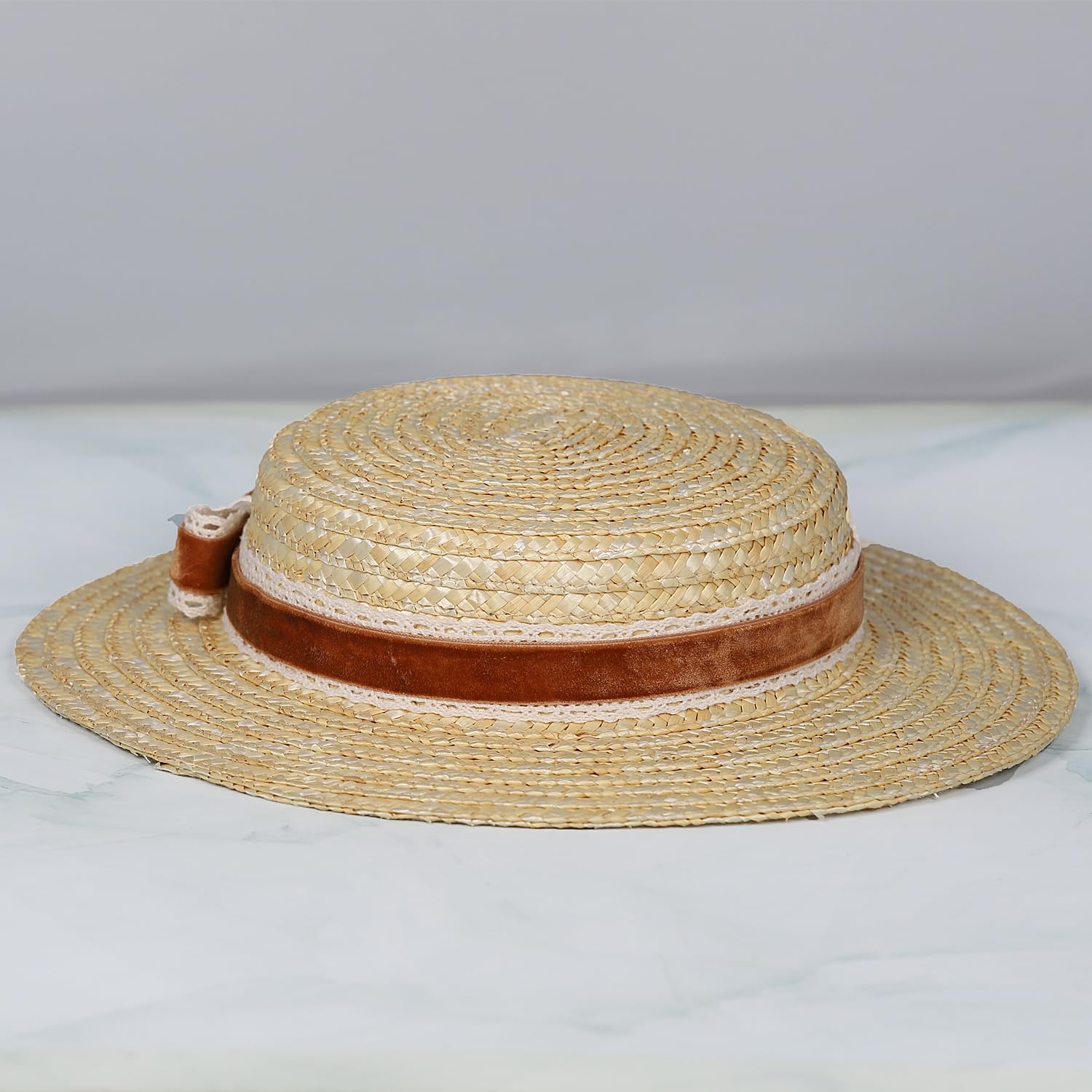 Women's Straw Boater Hat 1940s Vintage Very Low Fascinator Base Mini Top Hat with Velvet and Crochet Ribbon - Image 4