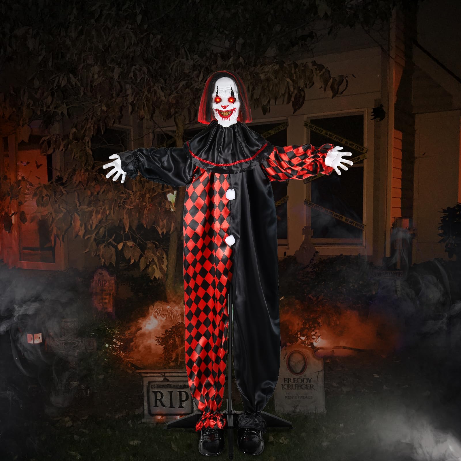 [ Sound and Motion Activated ] 64" Halloween Animatronic Clown with LED Eyes and Creepy Sound, Life Size Animated Halloween Decorations Outdoor for Haunted House Props Decor Lawn Yard Patio