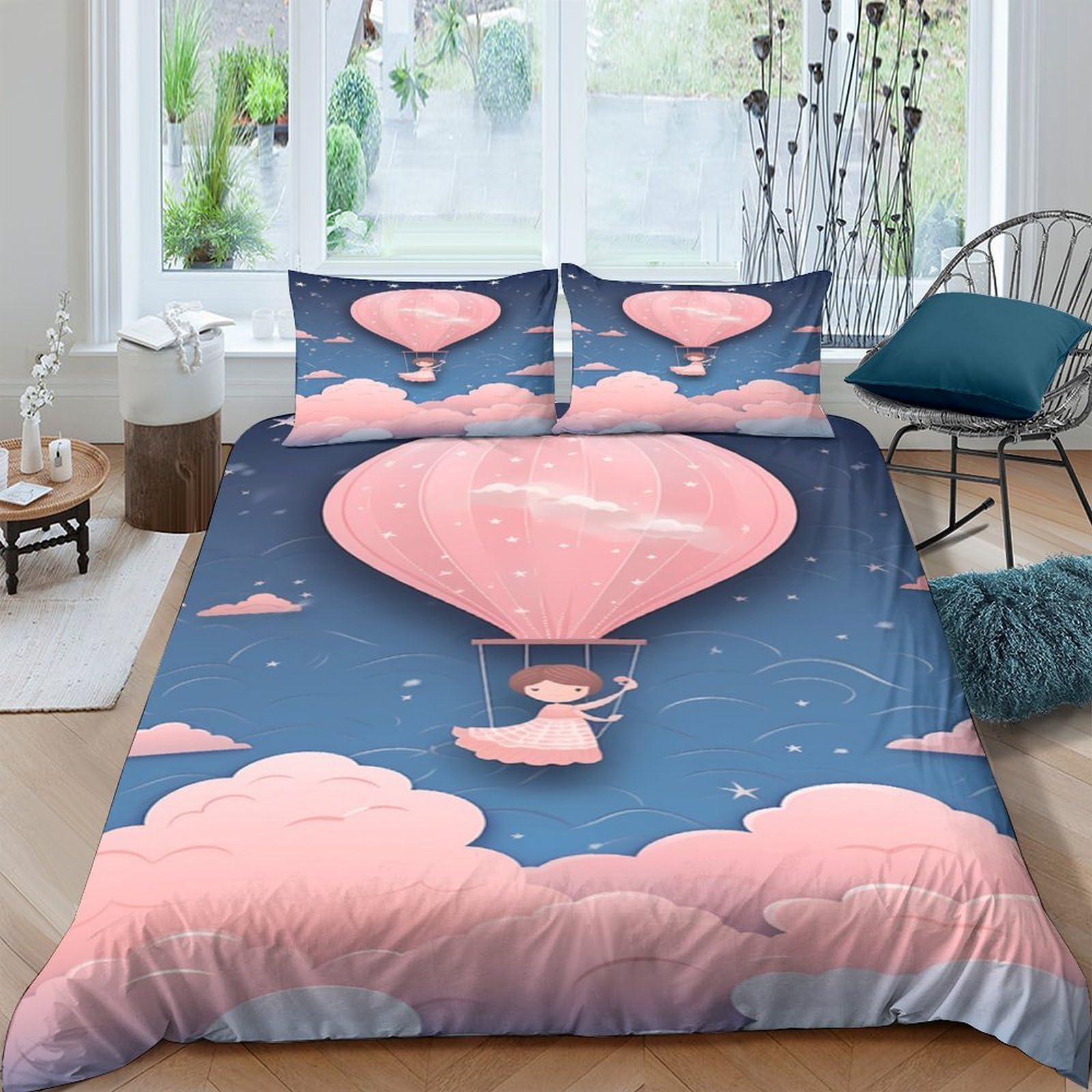 Ctjqhvkz Style-10 3D Printed Hot Air Balloon Fitted Sheet Microfiber Pink Blue Cartoon Cloud Mattress Cover For Bedroom Dorm Bed Decor Single（135X200cm）
