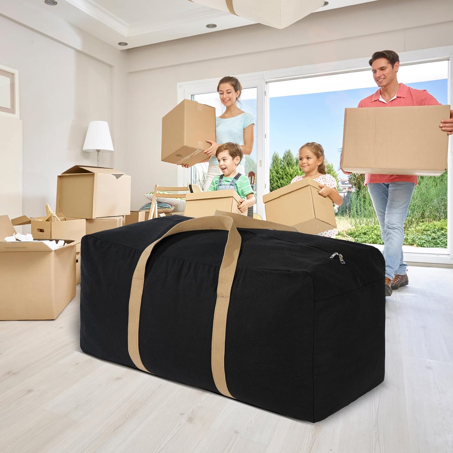 Canvas Storage Duffle Bag, Large Capacity Moving Bag with Tan Handles, Washable and Reusable (1, BLACK, 31''x15''x15'') - Image 4