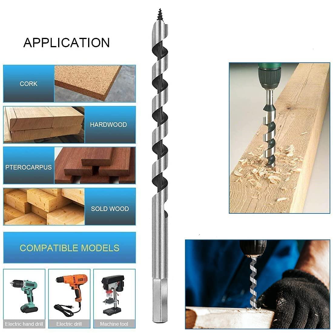 Juego de brocas para madera (460 mm, extralargas, 5 piezas, en caja de madera, taladros para madera, brocas de viga, brocas en espiral, 12 mm, 14 mm, 16 mm, 18 mm, 20 mm)