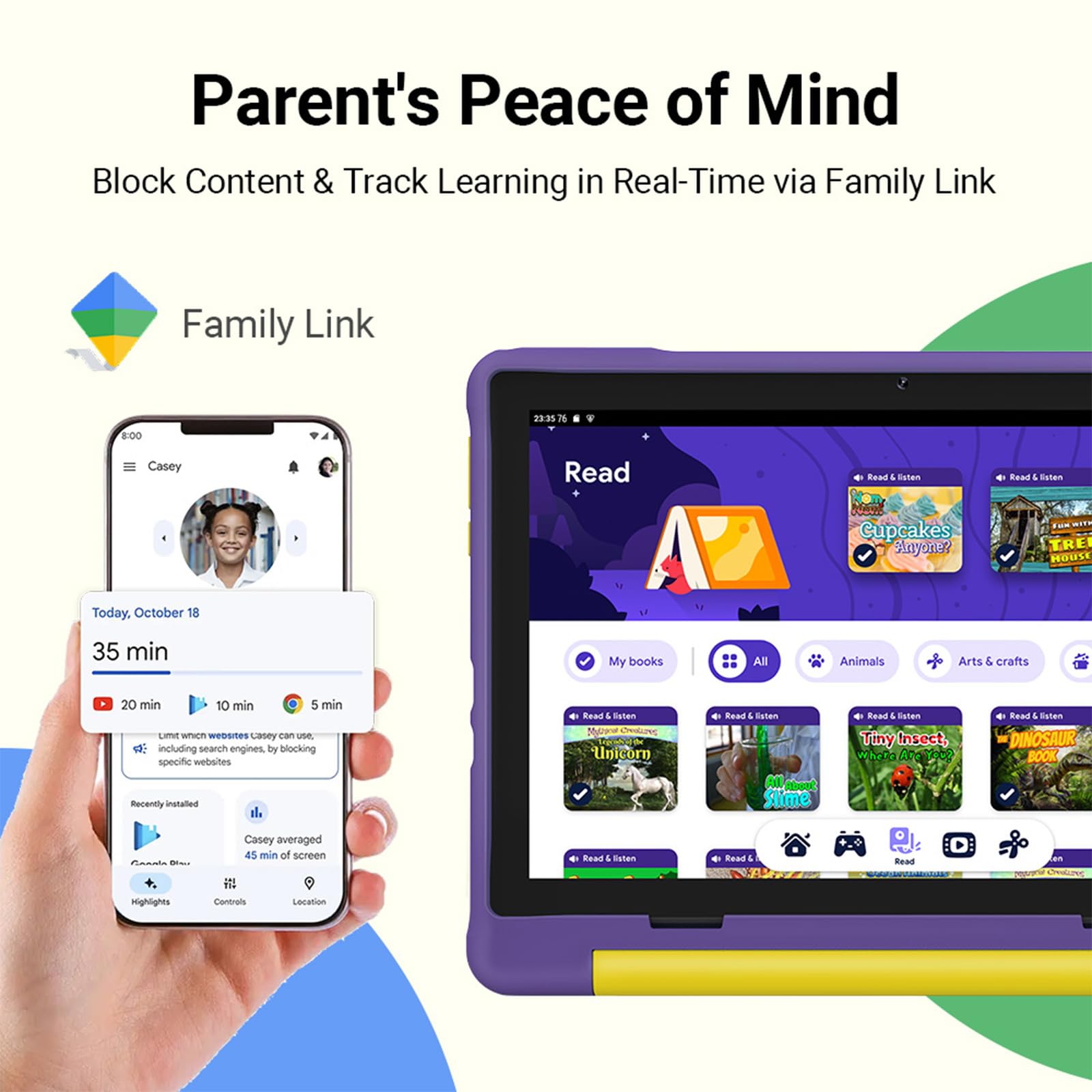 UEMXDOX Tablet per bambini, Android 15 2025 per bambini dai 3 anni in su, 8 GB+64 GB, espandibile fino a 512 GB, touch screen da 10 pollici con custodia, WiFi 6, BT5, controllo genitori preinstallato