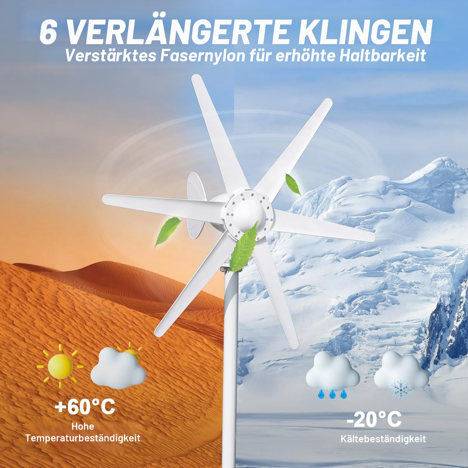 Windturbine Generator 800W 12V-24V mit 6 Blättern, niedrige Startwindgeschwindigkeit 1,0 m/s, Solar-Wind-Hybrid-Laderegler, Windrad für Haushalt, Boot, Solar-Insel-System (Weiß)