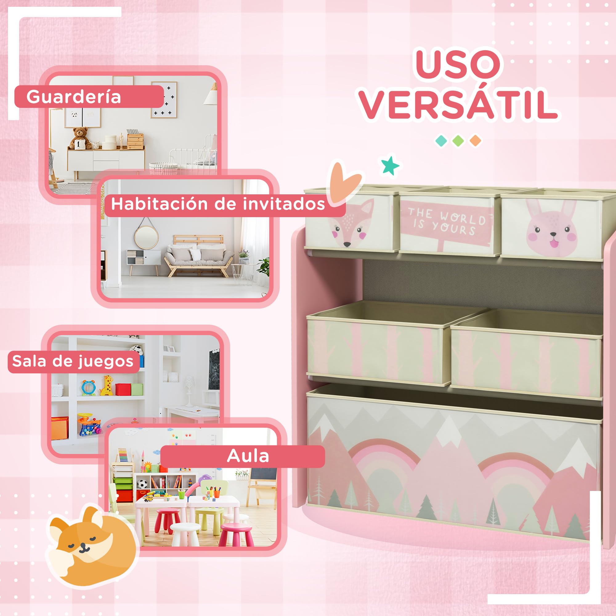 ZONEKIZ Estantería Infantil para Juguetes con 6 Cajas de Tela no Tejida Extraíbles Organizador Juguetes para Niños de 3-8 Años para Dormitorio Guardería 63x30x66 cm Rosa