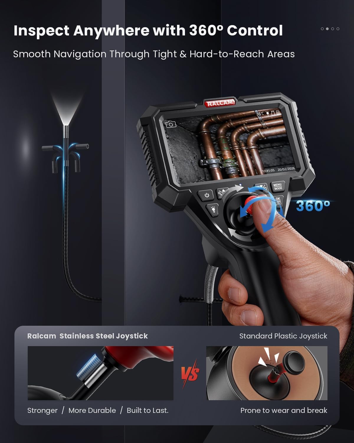Ralcam Industrial Borescope Camera with Replaceable Snake Cable, 5" HD Display, 4-Way Articulating Probe & Stainless Steel Joystick, 6.2mm Camera, Waterproof Cable, 5 FT Auto & Pipe