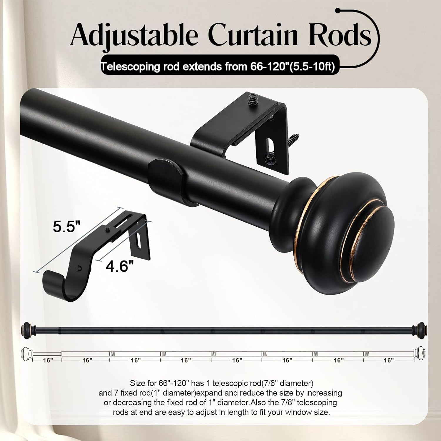 SIMEWIN Heavy Duty Curtain Rods for Windows 66 to 120 Inches, Black Curtain Rods for Bedroom, Living Room, Patio, Adjustable with Classic Finials, Black with Gold Finishing