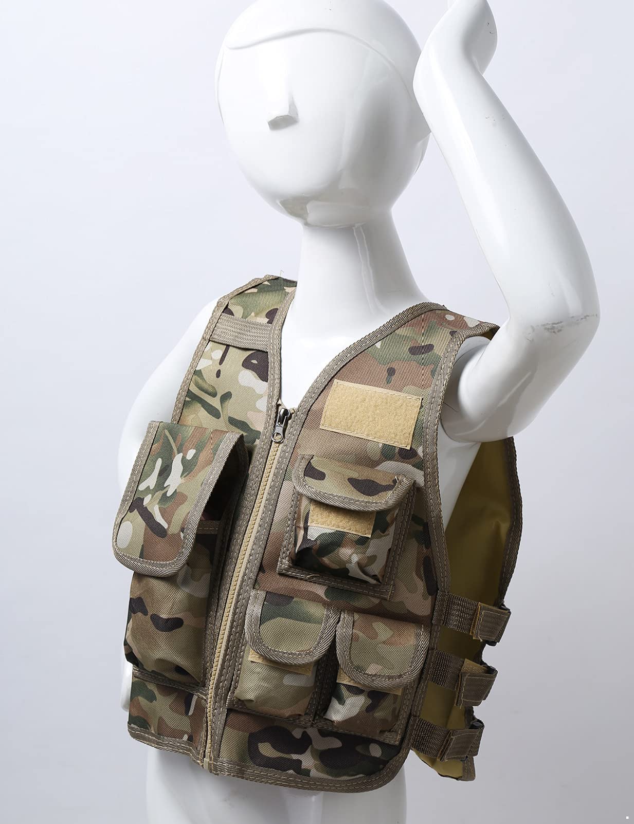 Mufeng Gilet de Pêche Enfant Garçon Fille Gilet Photographe Multipoches Camouflage Veste sans Manches Manteau Réglable Jeux Extérieurs de Chasse de Combat Camping