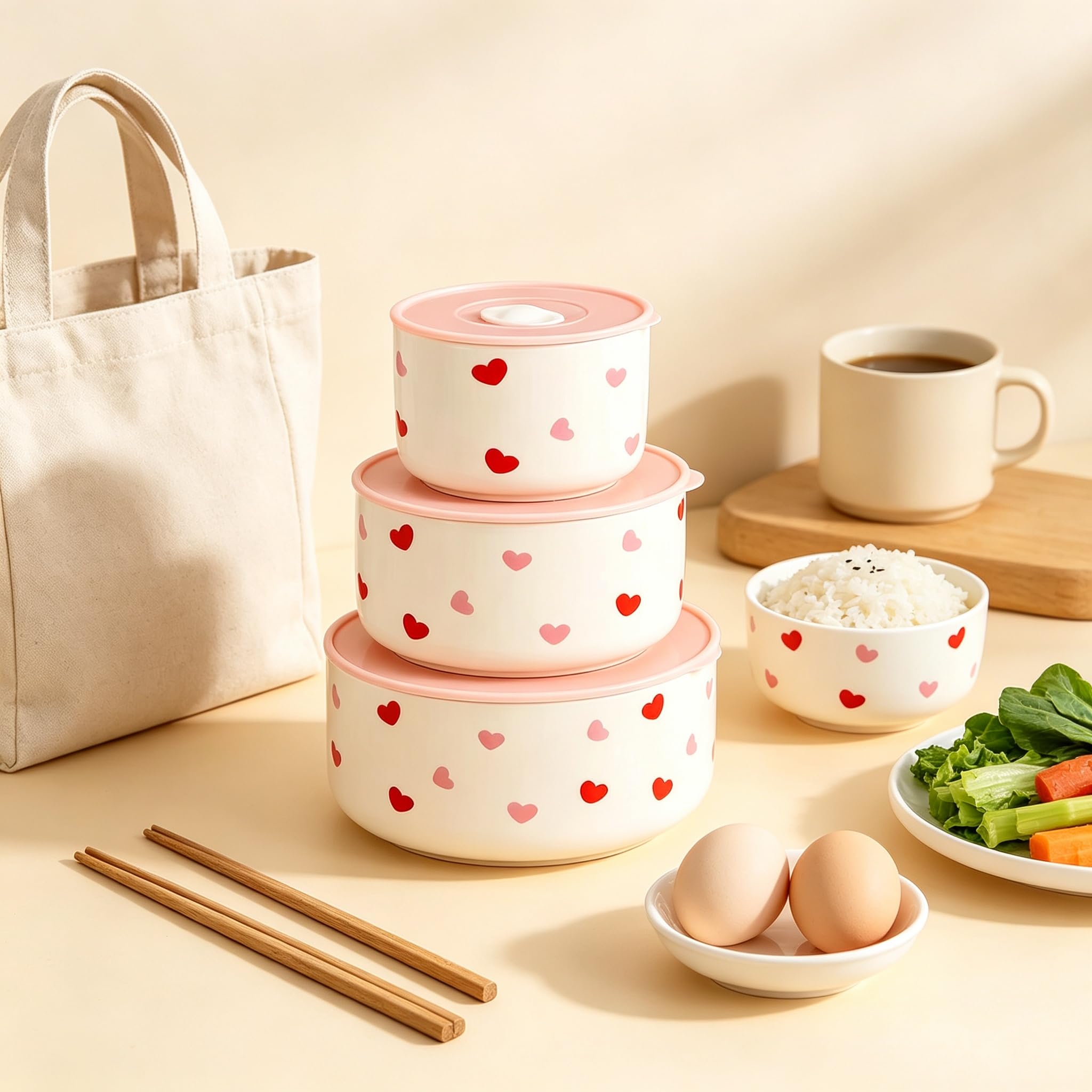 Lunch box in Ceramica, Portapranzo Rotondo con Coperchio, Set da 3 pezzi in bianco, ermetico e antigoccia, Adatto per vari alimenti, frutta e dolci, ideale per scuola, ufficio, picnic, brevi viaggi