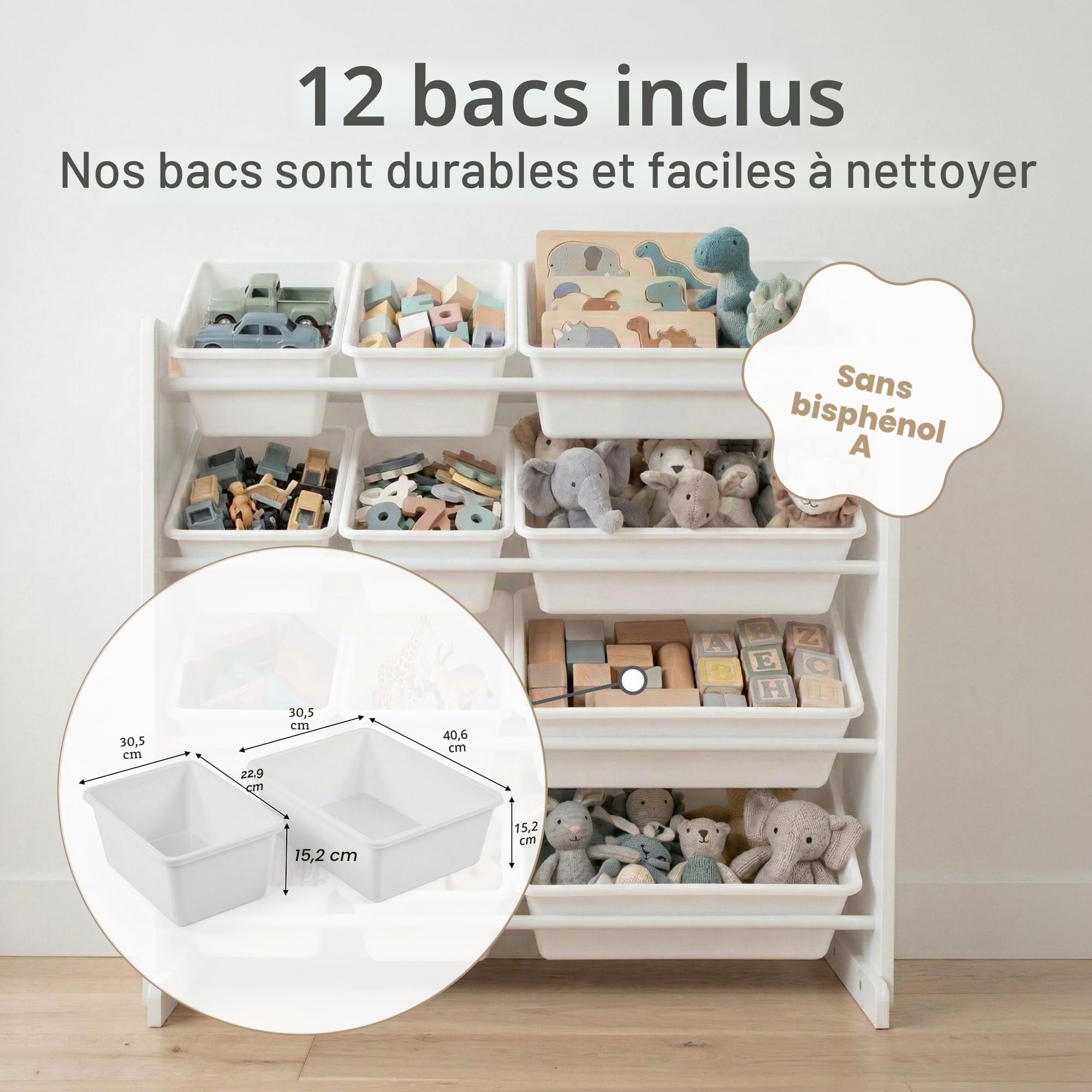 Humble Crew WO565 Étagère pour Enfants - Organisateur de Jouets avec 12 Bacs de Rangement, Blanc/Blanc