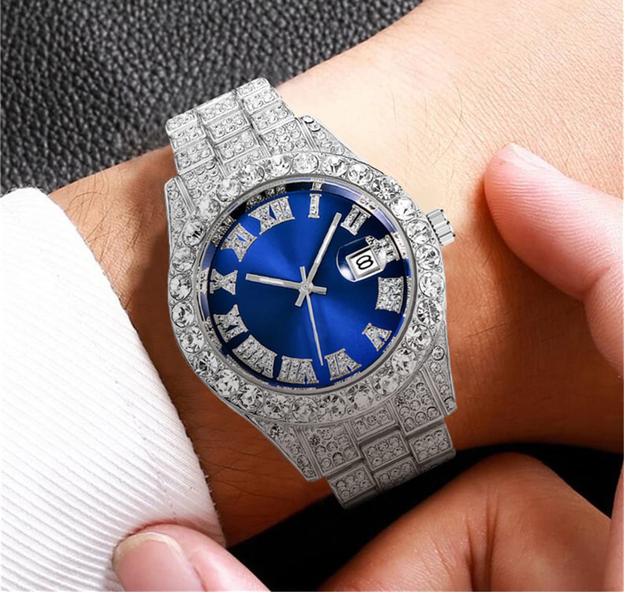 Hip Hop Iced Out Men's Rhinestone Watch Diamond Analog Quartz Watch (Blue)