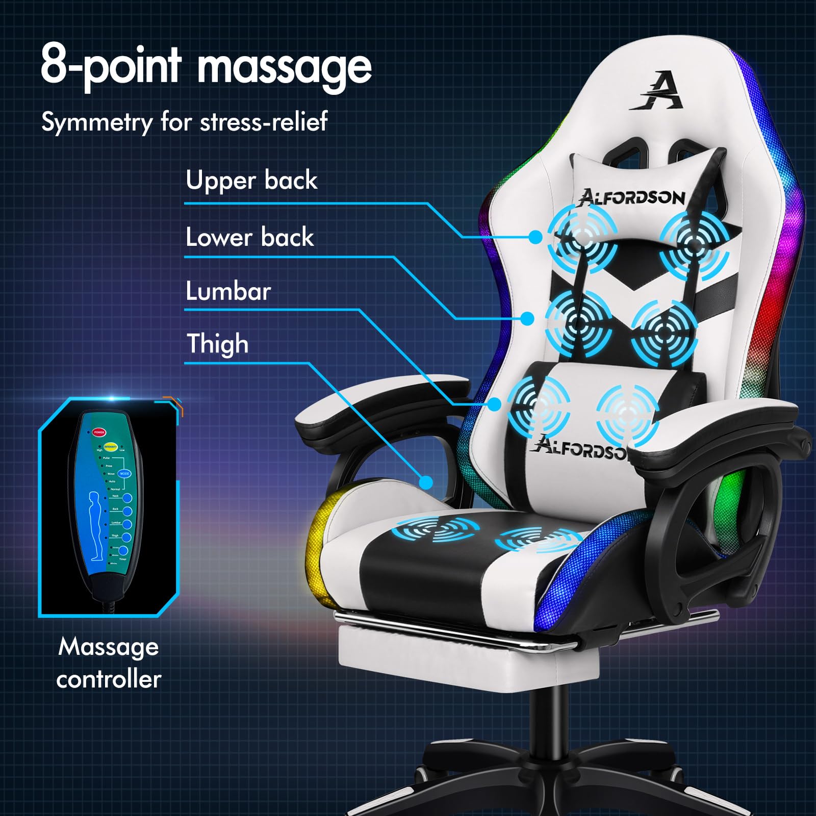 ALFORDSON Ergonomiczne krzesło do gier z oświetleniem RGB z 12 kolorowymi diodami LED, fotel z podparciem lędźwiowym i podnóżkiem, sztuczna skóra, biały