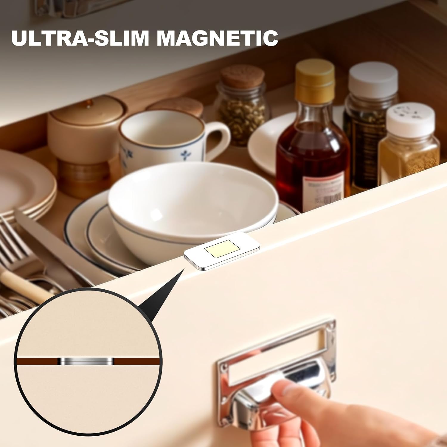 PHIXBEAR 6 Pack No Drill Magnetic Cabinet Catches, Ultra Thin Stainless Steel with Strong Adhesive for Kitchen, Bathroom, Closet, RV Door Closing