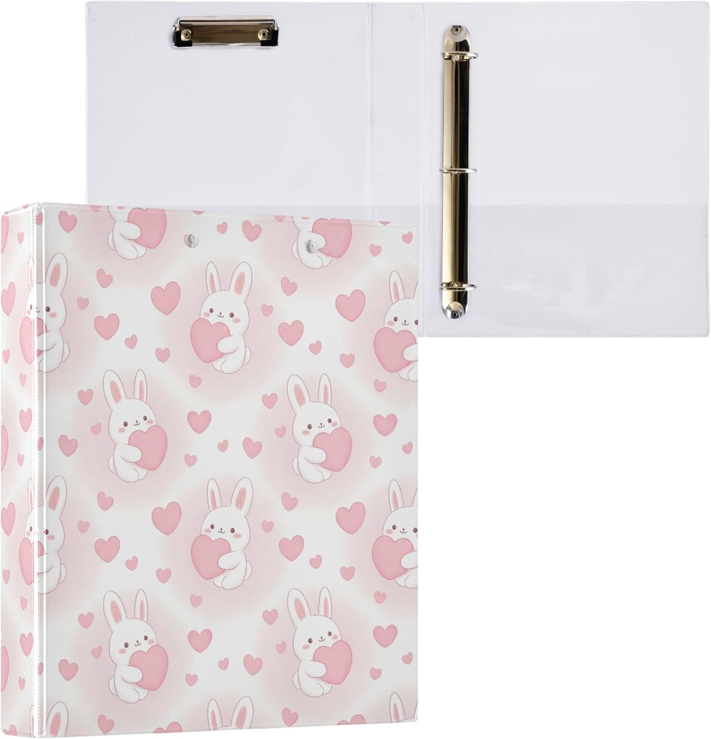 Cute Valentine's Day Rabbit Heart 3 Ring Binders, 1.5” Round Ring Binders with Clipboard - Letter Size, 3 Interior PVC Clear Pockets & Anti-Slip Clip for Office School Supplies, 2PCS