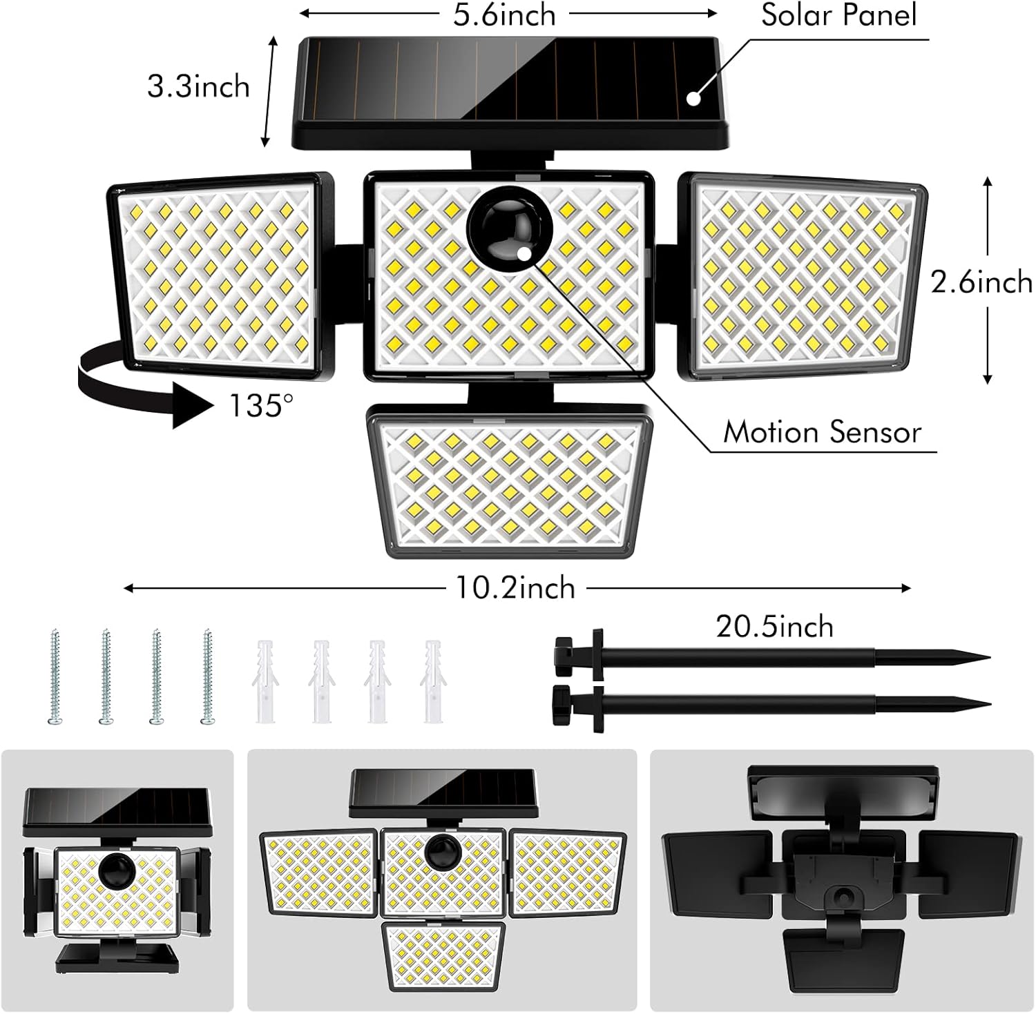 Diagram showing the dimensions and components of the K KASONIC Solar Motion Sensor LED Security Light, including the solar panel, motion sensor, and adjustable light heads.