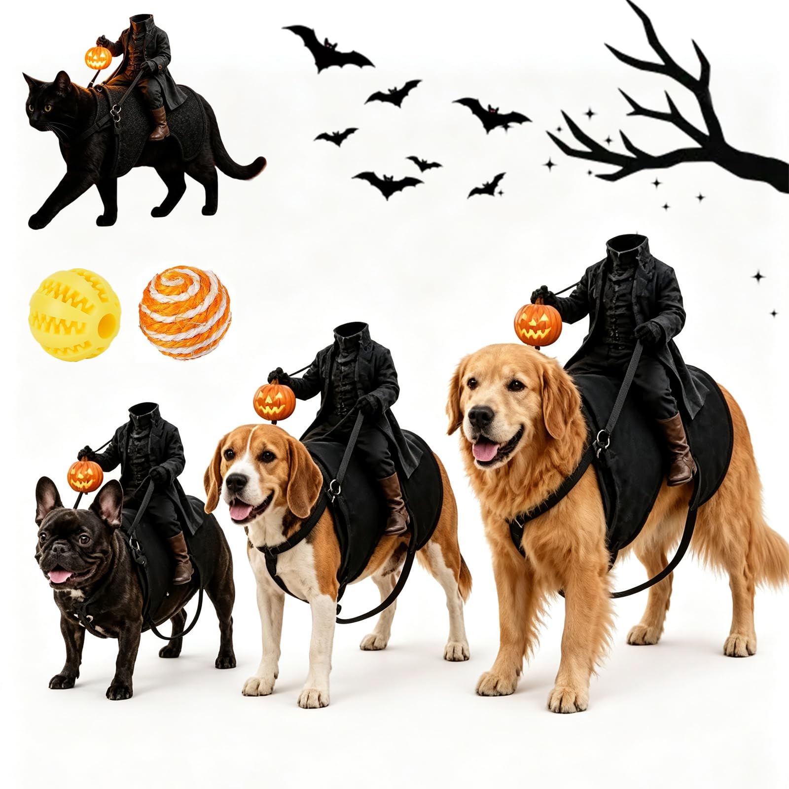 Light-Up Headless Horseman Pet Costume, Pumpkin Rider Harness, 1pc (S)