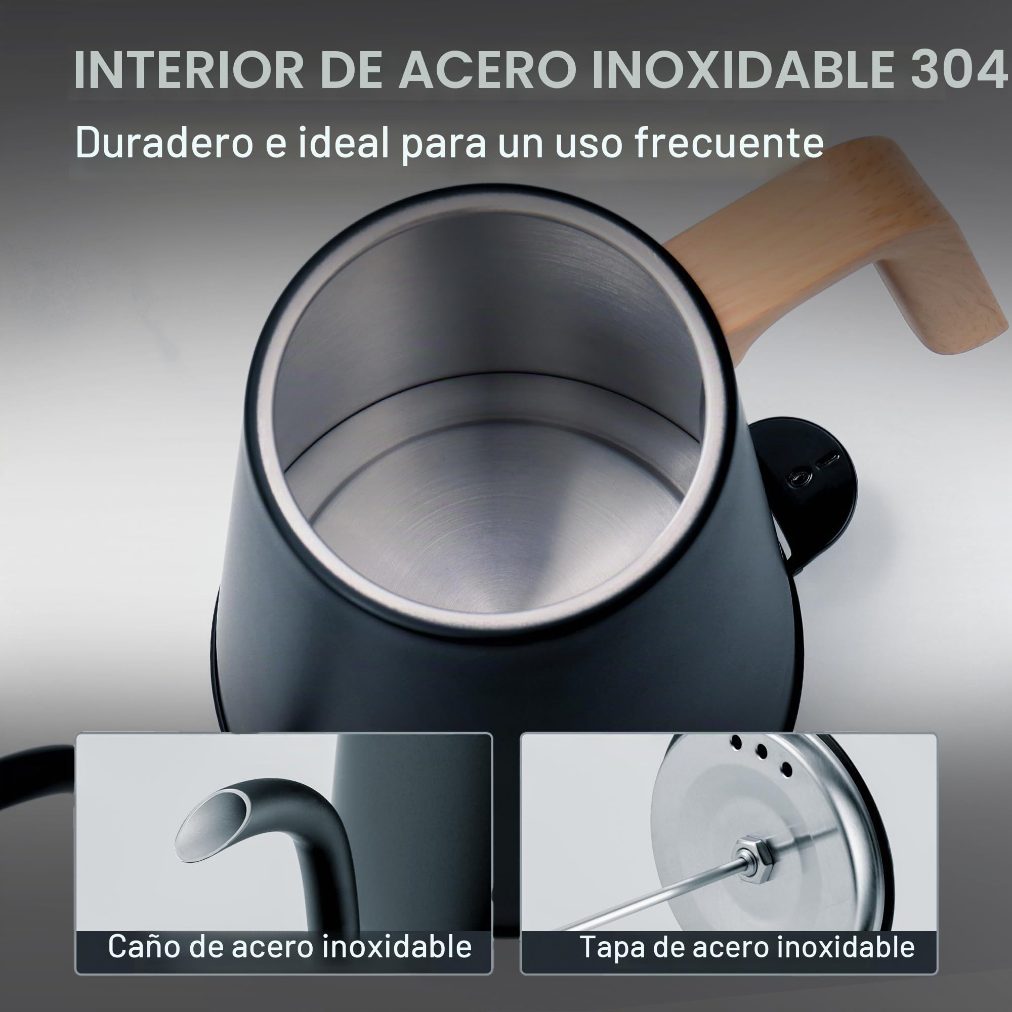 DmofwHi Hervidor Eléctrico de Cuello de Cisne de 1L con Termómetro, 1000W Tetera Electrica de Acero Inoxidable, Apagado Automático, Hervidor de Agua Para Café y Té, Negro
