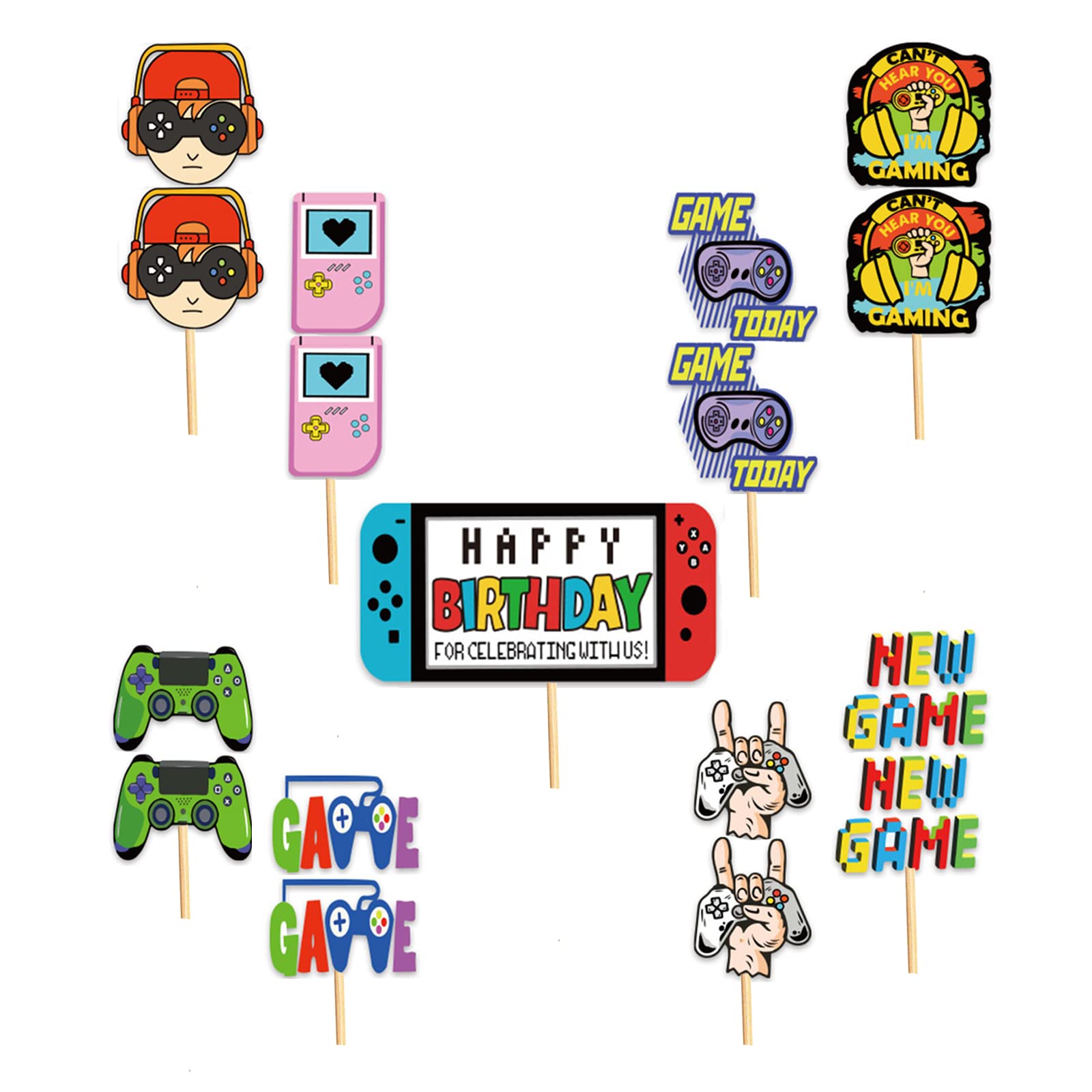 POPOYU 17Pcs Game On Happy Birthday Cake Toppers,Game Boy Cake Toppers for Boys,Boys Switch Birthday Cake Decorations Cupcake Toppers for Girls,Kids,Baby Shower Birthday Game On Party Supplies
