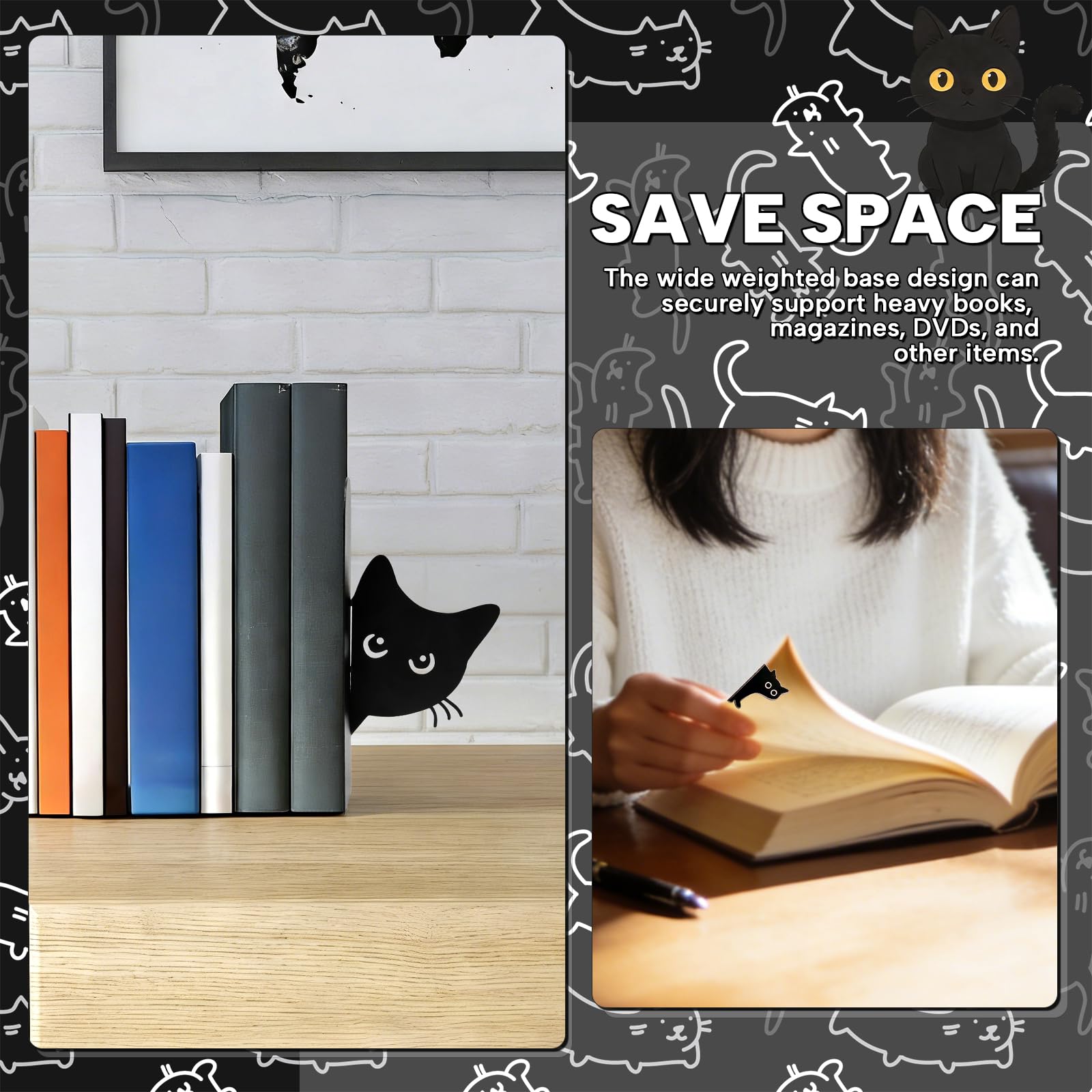 2 Piezas Sujeta Libros Estanteria Gato, Apoyalibros Negro Antideslizante con Marcapaginas, Soporte Libros Estanteria Metal para Estudiantes, Oficina y Amantes Lectura