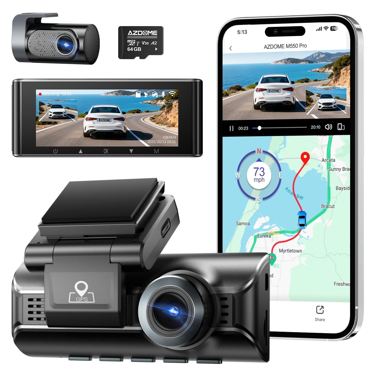 AZDOME 4K Dual Channel Dash Camera for Car Front and Rear | 4K+2.5K Car Camera with 64GB Card, Voice Control, Bulit-in 5.8GHz Wi-Fi GPS, 3.19'' IPS Screen, Night Vision, 24H Parking