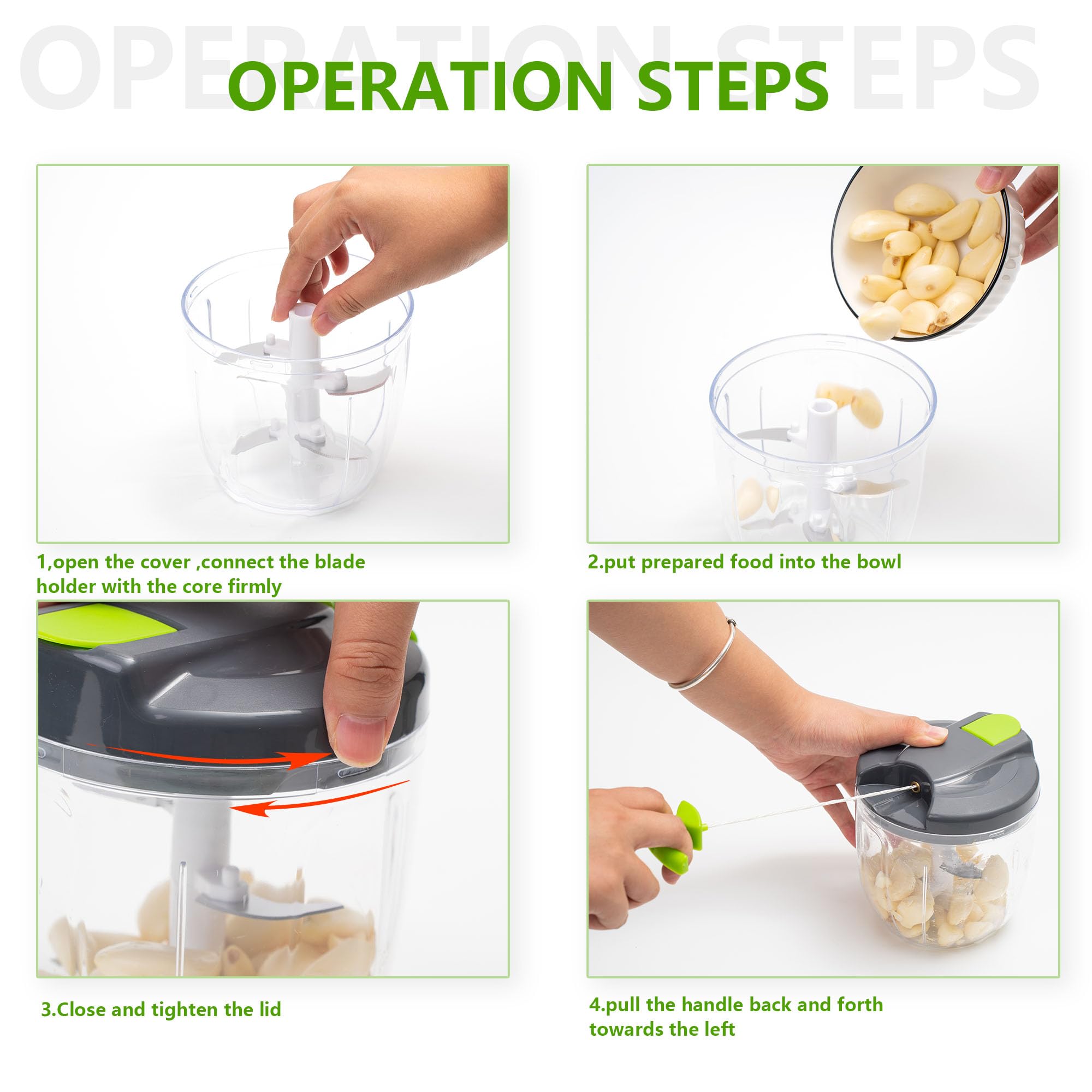 Procesadores manuales de alimentos y picadora con tapa y asa, cortador manual de cebolla, cortador de rebanador de verduras, adecuado para ajo, zanahorias, cebollas, pimientos, frutas, picado 5