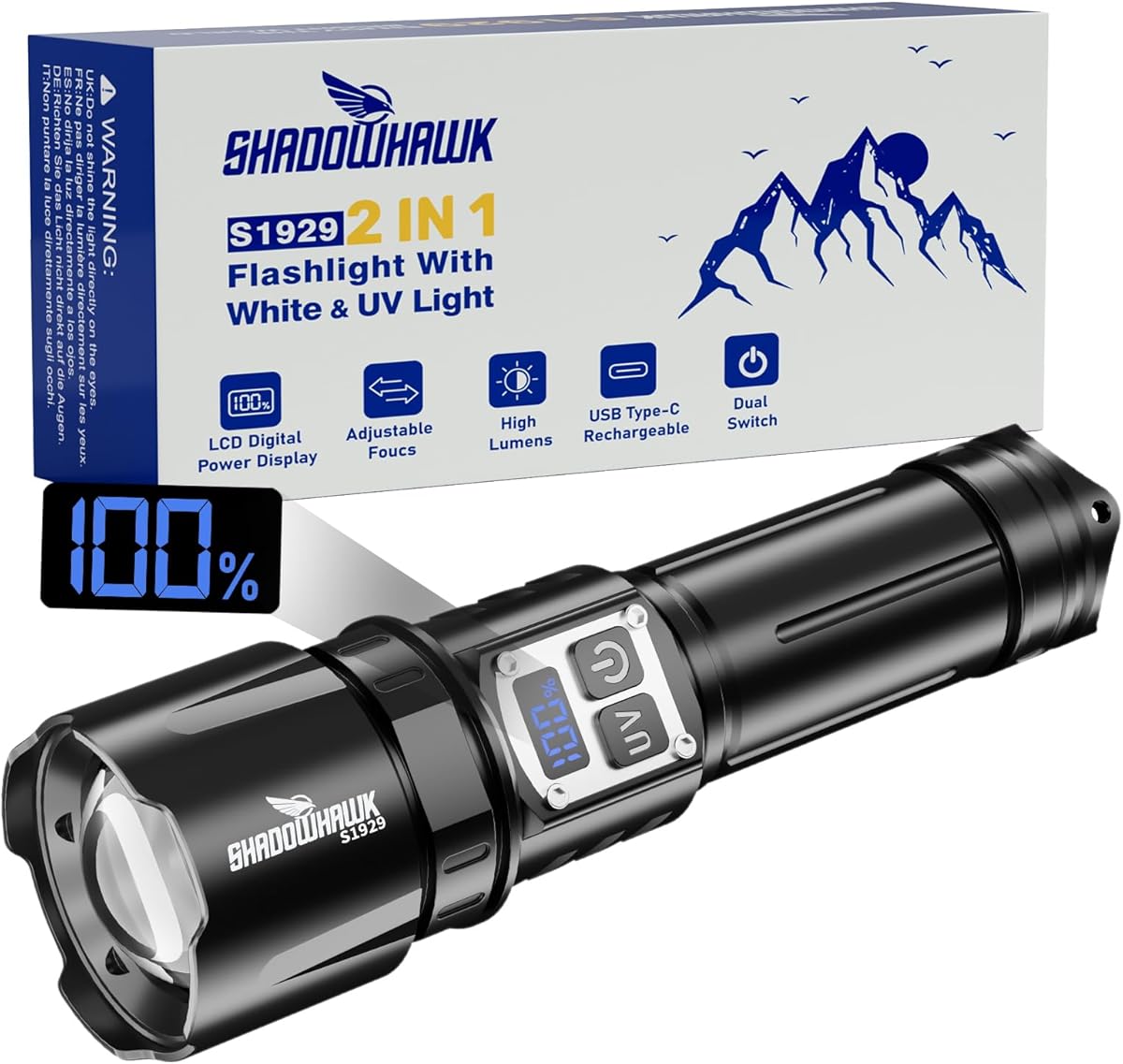 Shadowhawk Torcia LED Potente Professional 1,000,000 Lumen | Militare Torce LED Alta Potenza per Campeggio/Trekking/Ispezione, Doppio Interruttore (con Luce UV), Dimmerazione senza Gradi, Uso Comodo