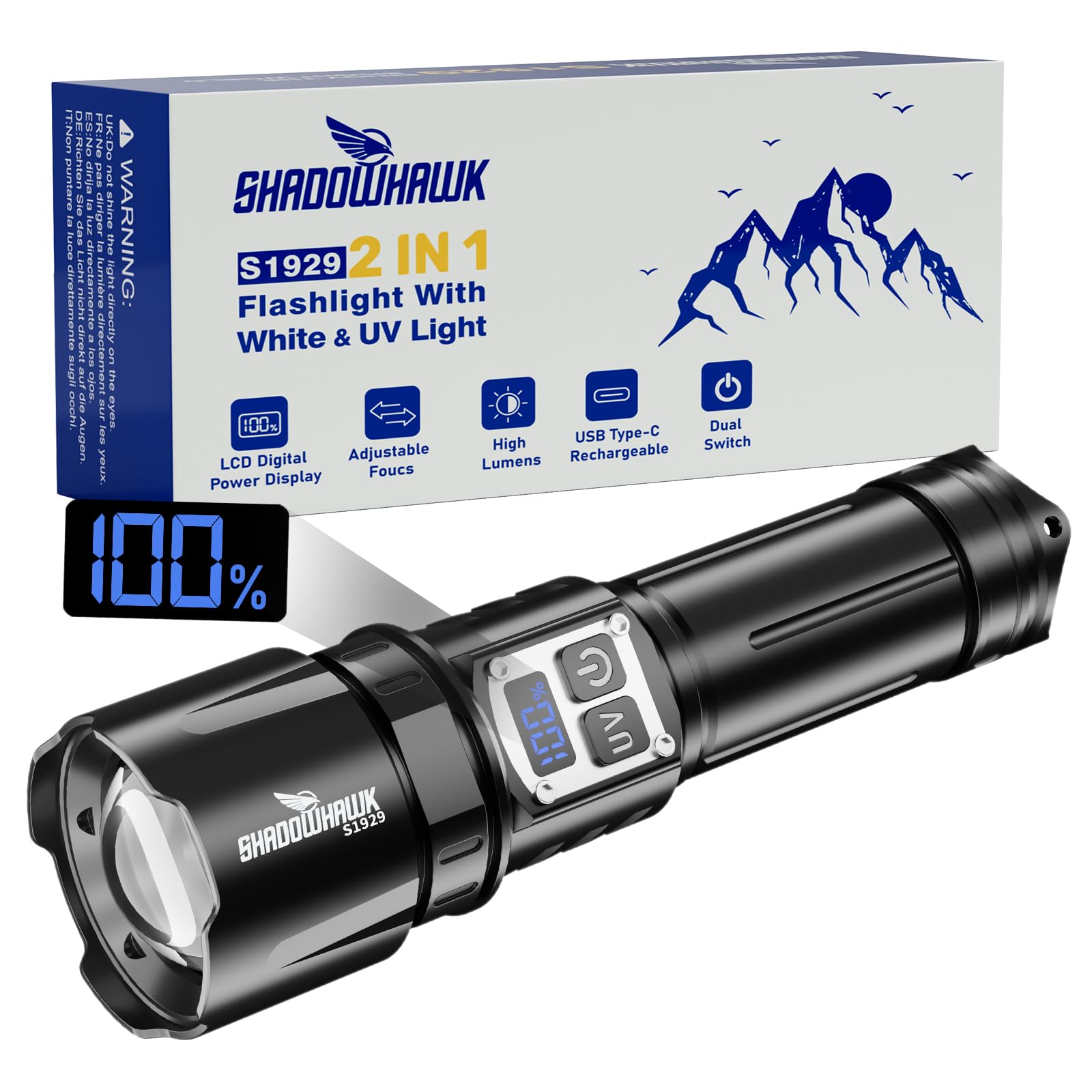 Shadowhawk Torcia LED Potente Professional 1000000 Lumen con Luce UV | Militare, Alta Potenza, Doppio Interruttore, Dimmerazione senza Gradi, Luce UV, per Campeggio, Trekking, Ispezione