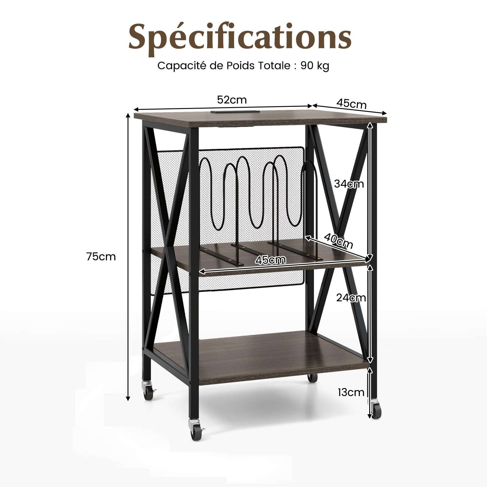 COSTWAY Meuble Tourne-Disque Vinyle avec Prise, Table d’Appoint à Roulette avec Station de Charge, 2 Prises, 1 USB, 1 Type-C, Bout de Canapé, Support Tourne-Disque Industriel (Gris)