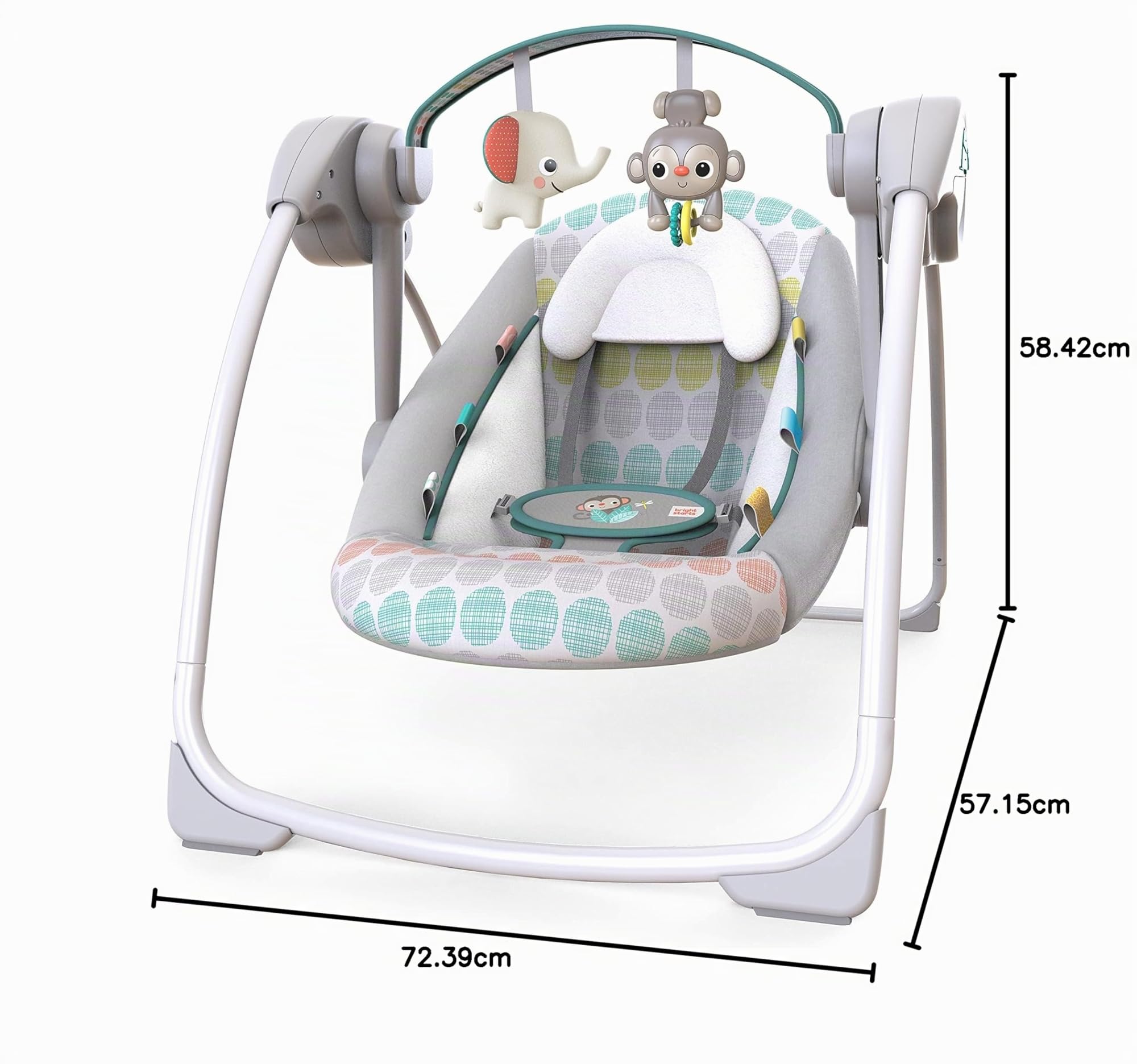 Bright Starts, Balancelle Compacte, Whimsical Wild, 6 vitesses de balancement, arche de jeu amovible avec 2 jouets interactifs, multicolore, dès la naissance à 9 kg