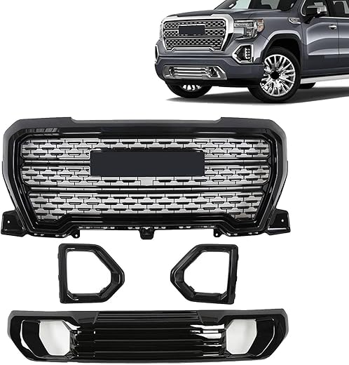 JX ACCESSORIES Compatible with GMC Sierra 1500 Denali AT4 2019-2021 Front upper lower Grille &Fog Bezel Kit Black 4pcs