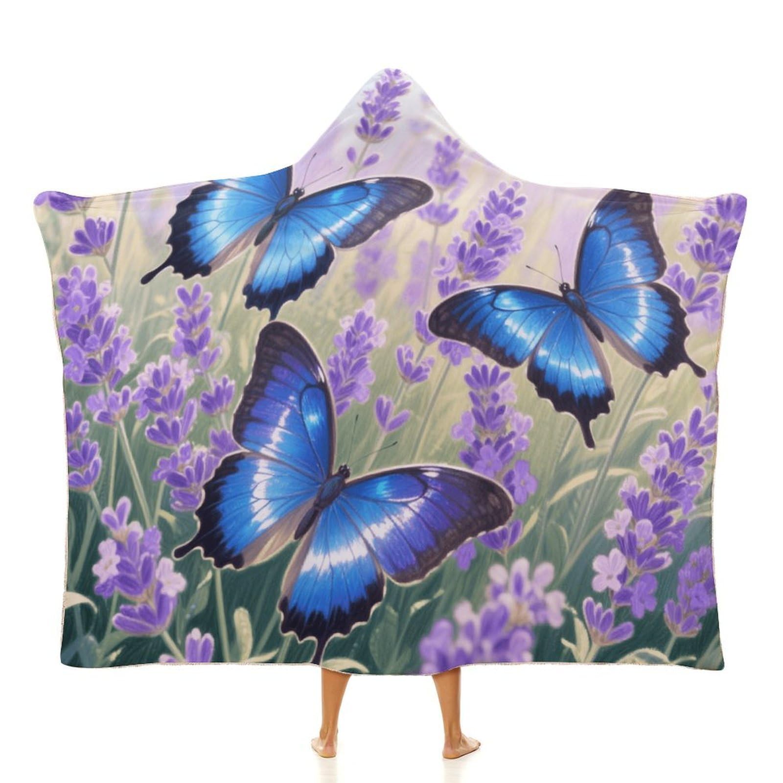 Manta poncho envolvente de gran tamaño, suave y cálida, manta para adultos, manta de mariposa azul voladora con capucha