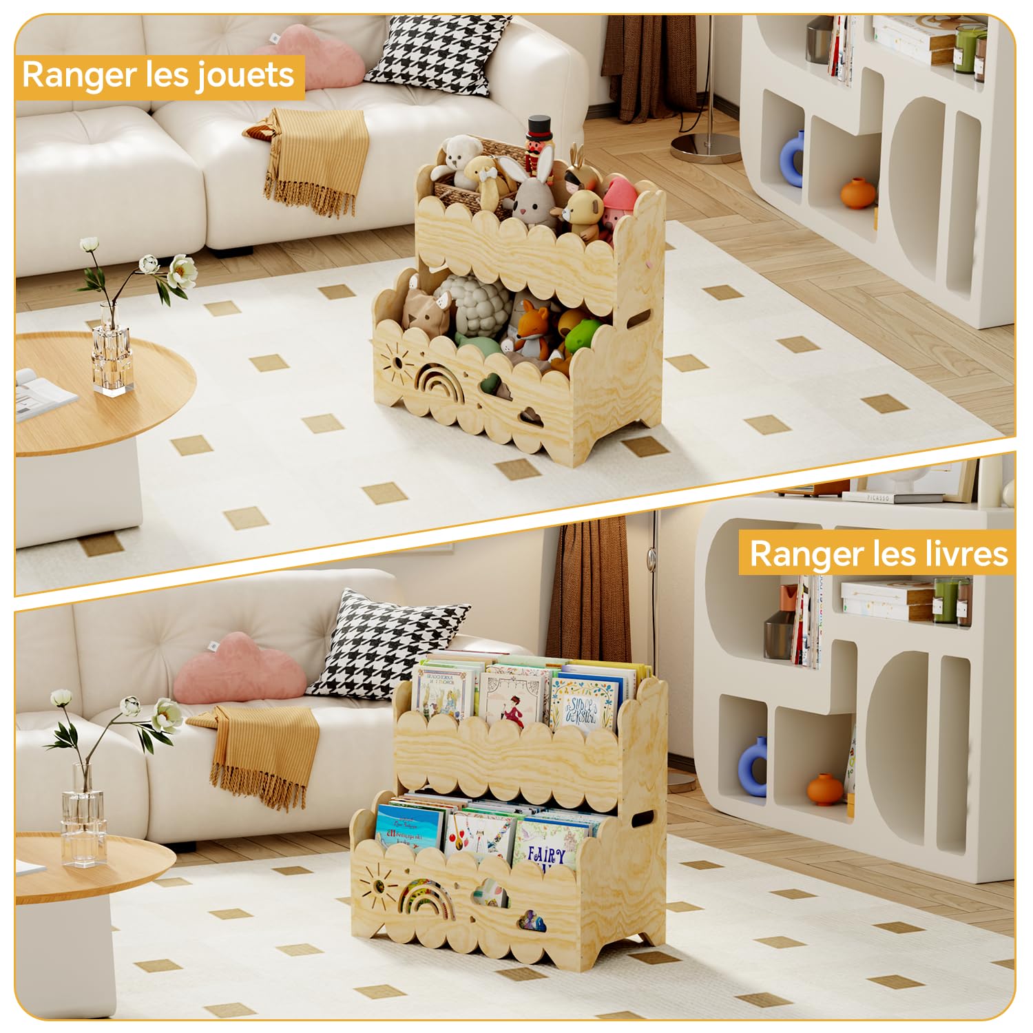 Étagère en Bois pour Enfants, étagère Montessori à 2 Niveaux, idéale pour Les Chambres d'enfants, Les crèches et Les salles de Classe, étagères de Rangement pour Livres et Jouets