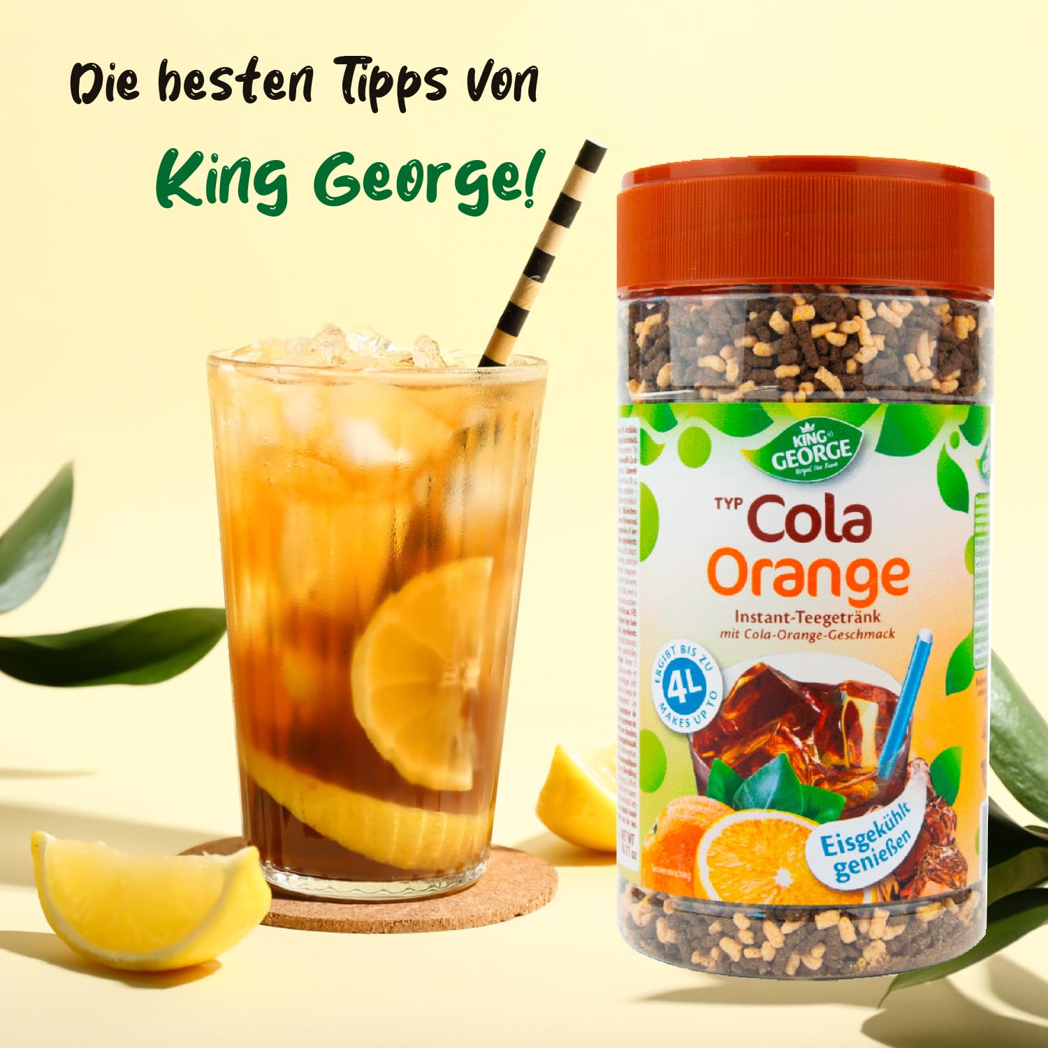 KING GEORGE - Cola Orange Instant tè freddo bevanda 12 x 400 g di piacere rinfrescante, tè istantaneo alla briciola – bevande in polvere, bevande analcoliche per la casa, il compleanno, le feste