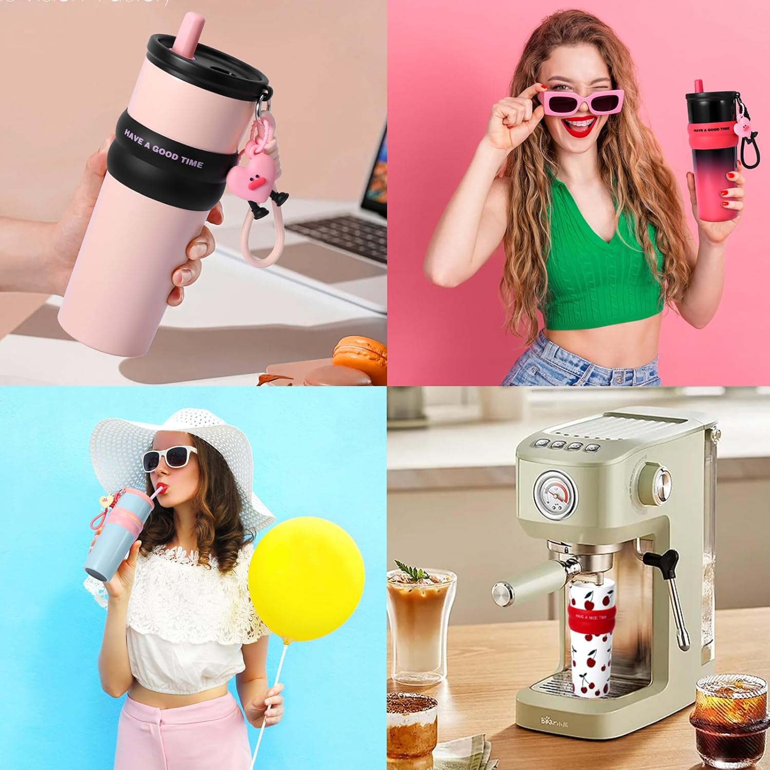 24 oz Stainless Steel Tumbler with Straw, Water Bottle Leak Proof for Hot and Cold, Insulated Coffee Travel Mug, Ceramic Lined Tumbler, Reusable Thermal Coffee Cup Gift for Women (Blue)
