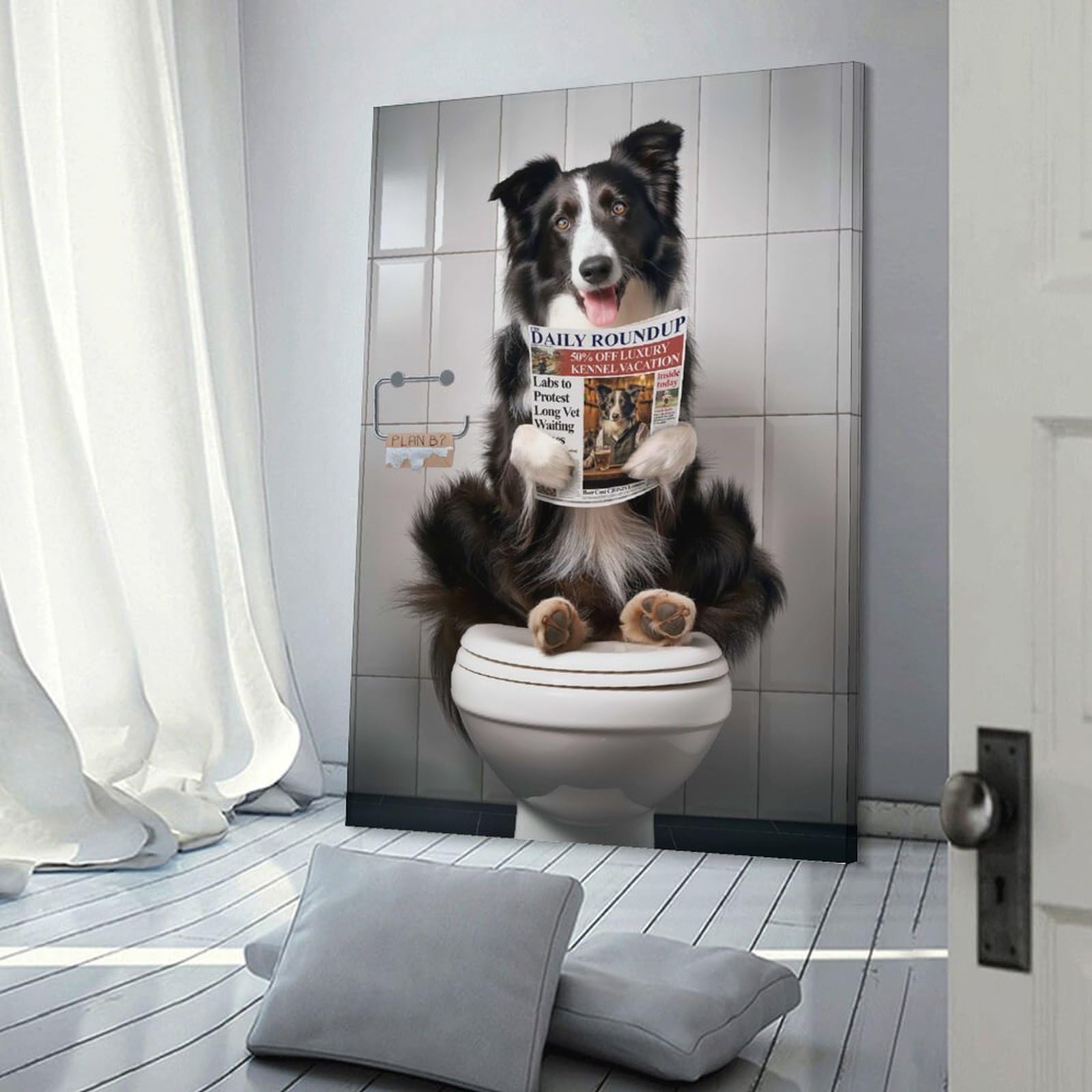 Junmoney Frame-Style-17 Dog Reading Newspaper On Toilet-2 Room Decor Wall Art, 20X30inch(50X75cm), For Living Room, Bedroom, Office Or Hallway, Decorative Artwork With Broad Appeal
