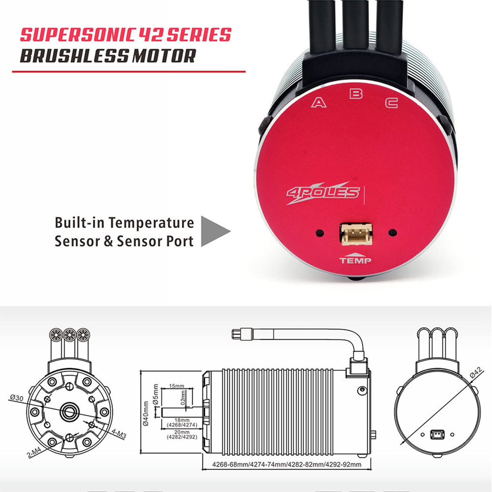 Motor RC 4268 2450KV Motor sin escobillas sin sensores de 4 polos Motores eléctricos RC con puerto de control de temperatura para coches 1/8 RC