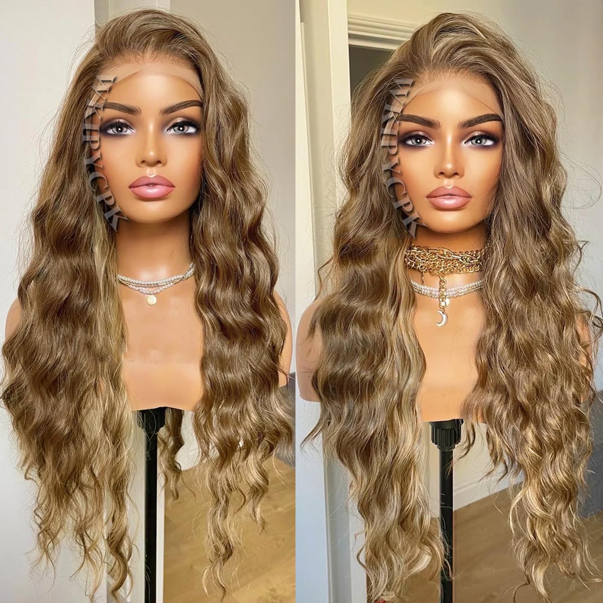 Blonde Highlight Lace Front Synthetic Wig Light Brown Hair Mixed Blonde Balayage 13x4 HD Lace Front Wigs Pre Plucked 24 Inch Long Loose Wave Wig Heat-Resistant & Beginner-Friendly