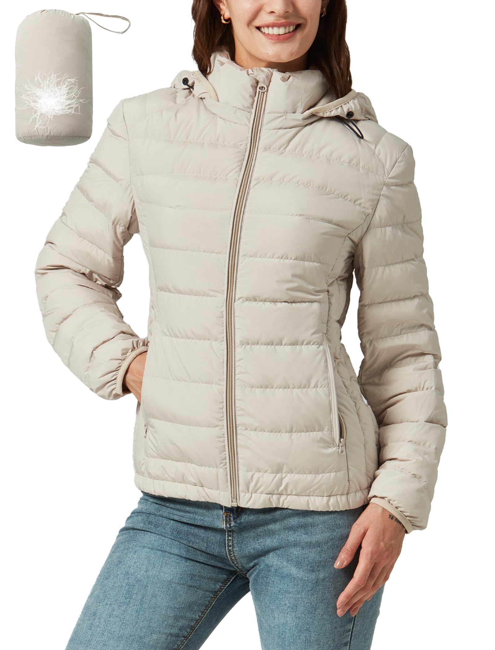 Packable Down Jacket Women Lightweight Quilted Puffer Coat Hooded Travel