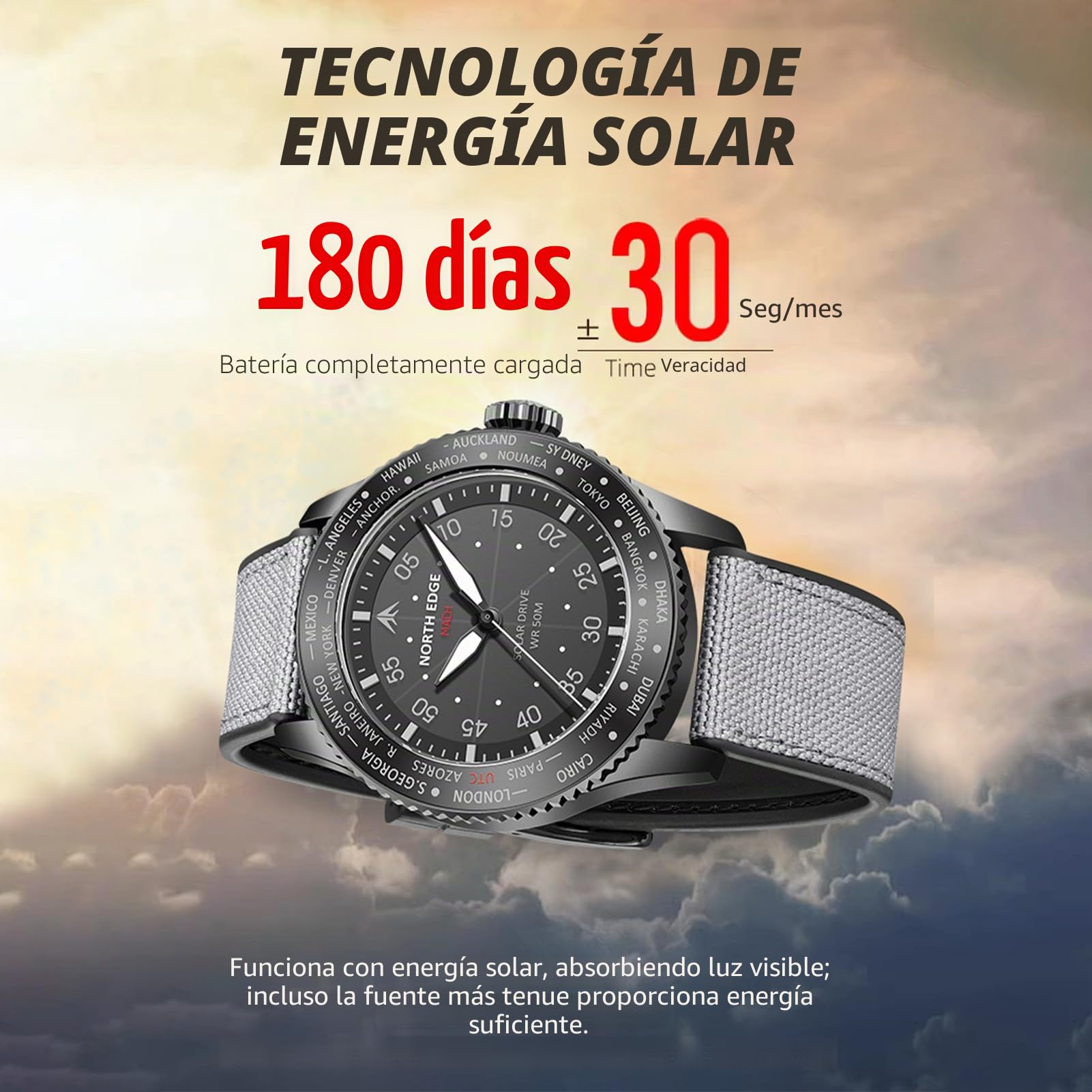 plplaaoo North Edge Mach Pilot Solar Watch para Hombres Visión Nocturna de cronógrafo Impermeable de 50 m Que Dura hasta 180 días Case de Acero Inoxidable de Acero Inoxidable TPR TPR TPR