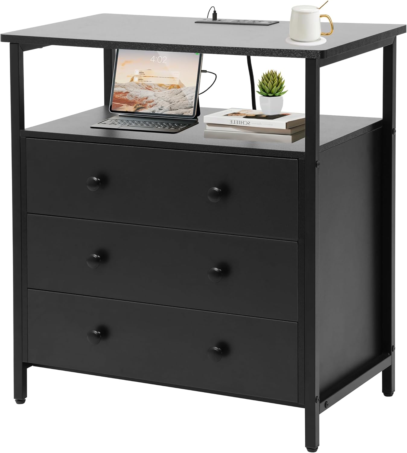 3 Wooden Drawers Night Stand, 27 Inch Wide Nightstand with Charging Station and Adjustable Drawers, Small Dresser for Closet, Bedside Table for Living Room/Bedroom/Office Black 3 Drawers