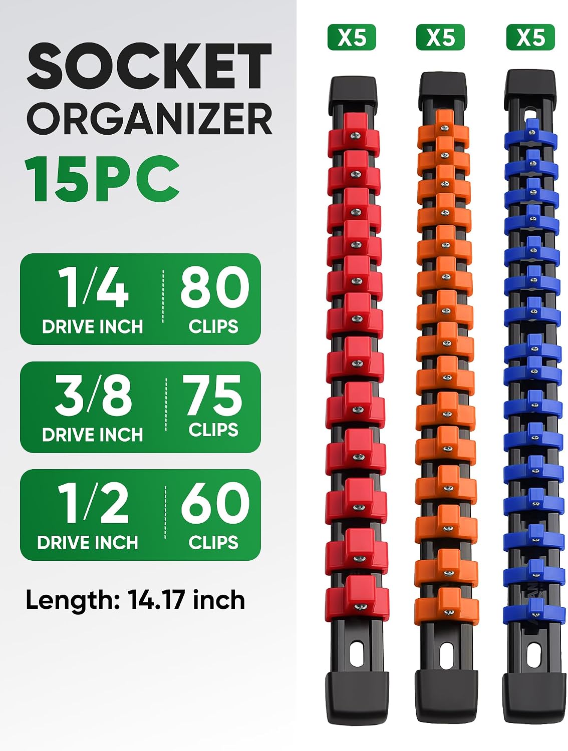 ALOANES 15PC Socket Organizer, Socket Rails Fit 1/2", 1/4" and 3/8" Drive image 2