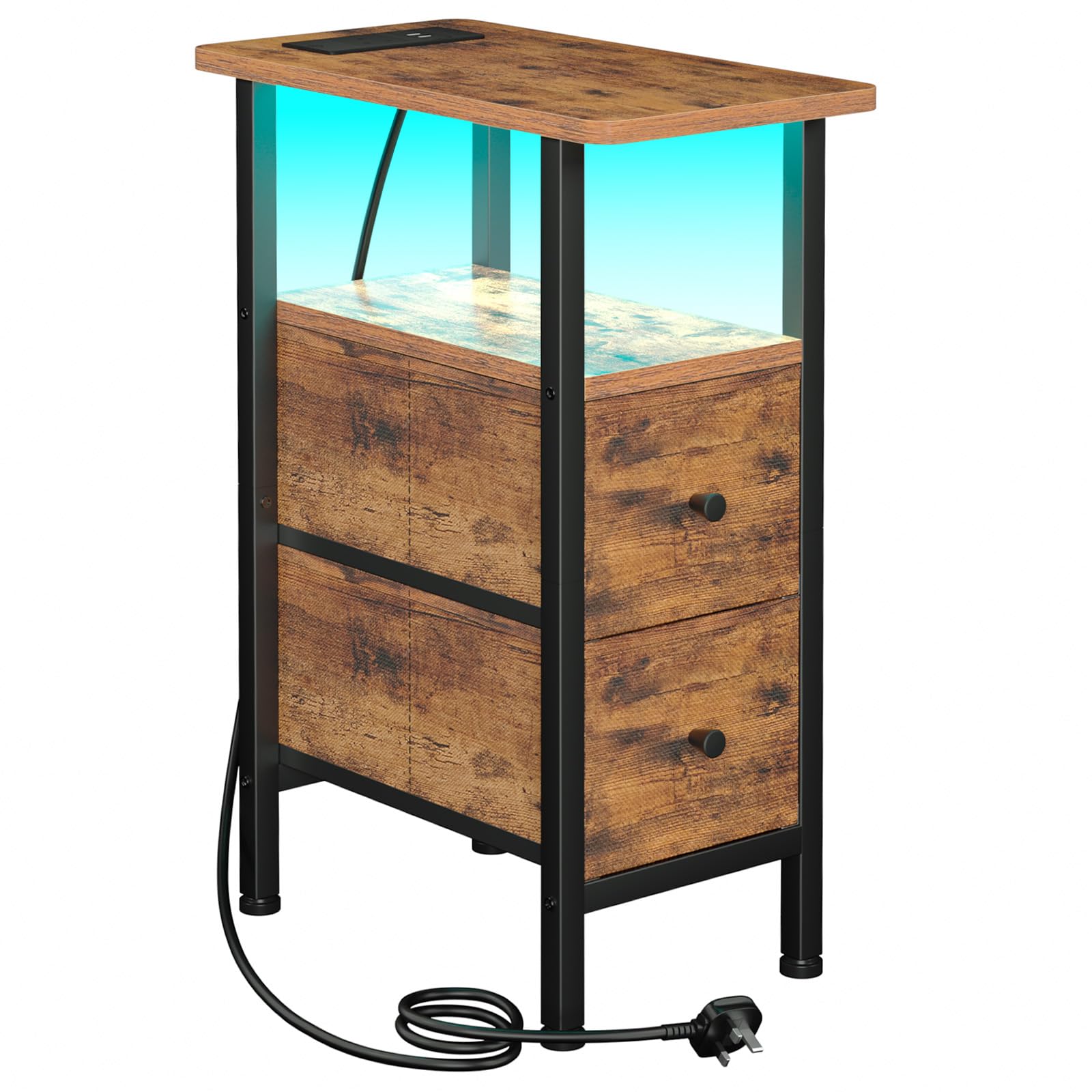 AMHANCIBLE Slim Bedside Table with LED Light, Narrow Side Table with Charging Station, Small End Table with 2 Fabric Drawers, Nightstand for Small Spaces, Living Room, Bedroom, Brown UHETNDP02PLBR-1 — image 1