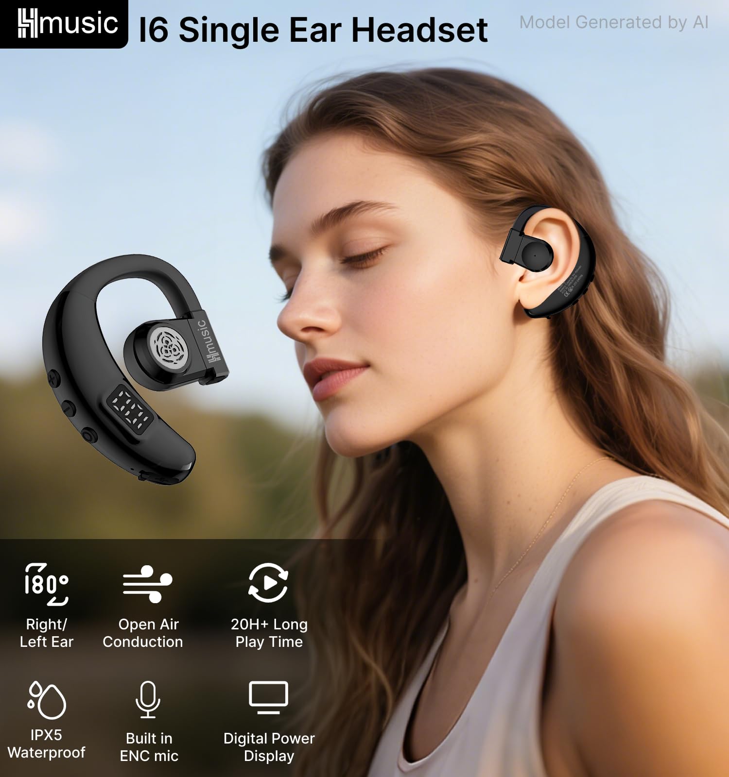 Hmusic Auricolare Bluetooth Singolo V5.4, Rotazione 180°, per Orecchio sinistro e destro, IPX5 Impermeabile, 20 Ore di Autonomia con microfono ENC, per guida, lavoro e sport (nero)