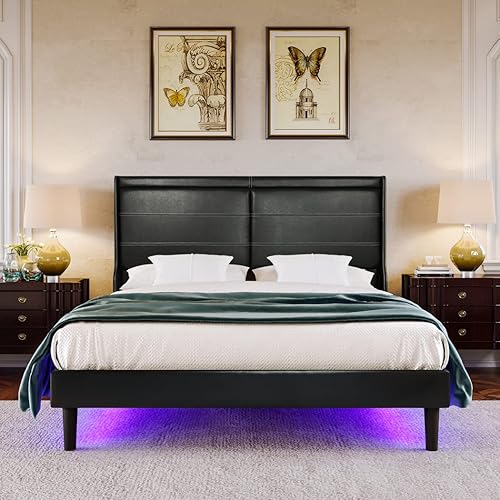 DNChuan Cama tapizada de piel sintética tamaño Queen con barra de luz que cambia de color con control remoto, cabecera con respaldo de ala, con