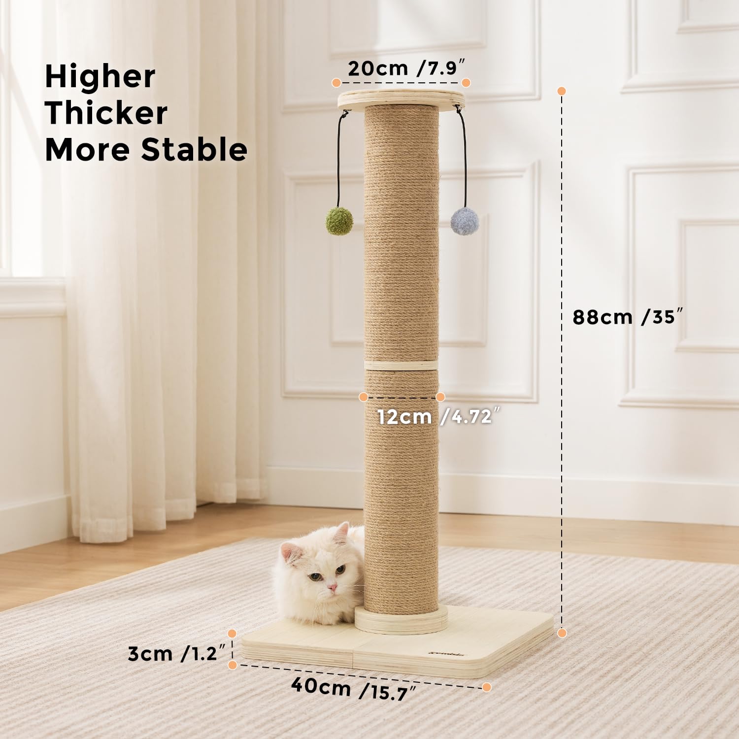 ZOMISIA Kratzbaum für Wohnungskatzen, 88 cm Hoch | Stabiler Sisal-Katzenkratzbaum, 12 cm Dicke Säule, Verstärkter Holzfuß, Hängende Spielbälle