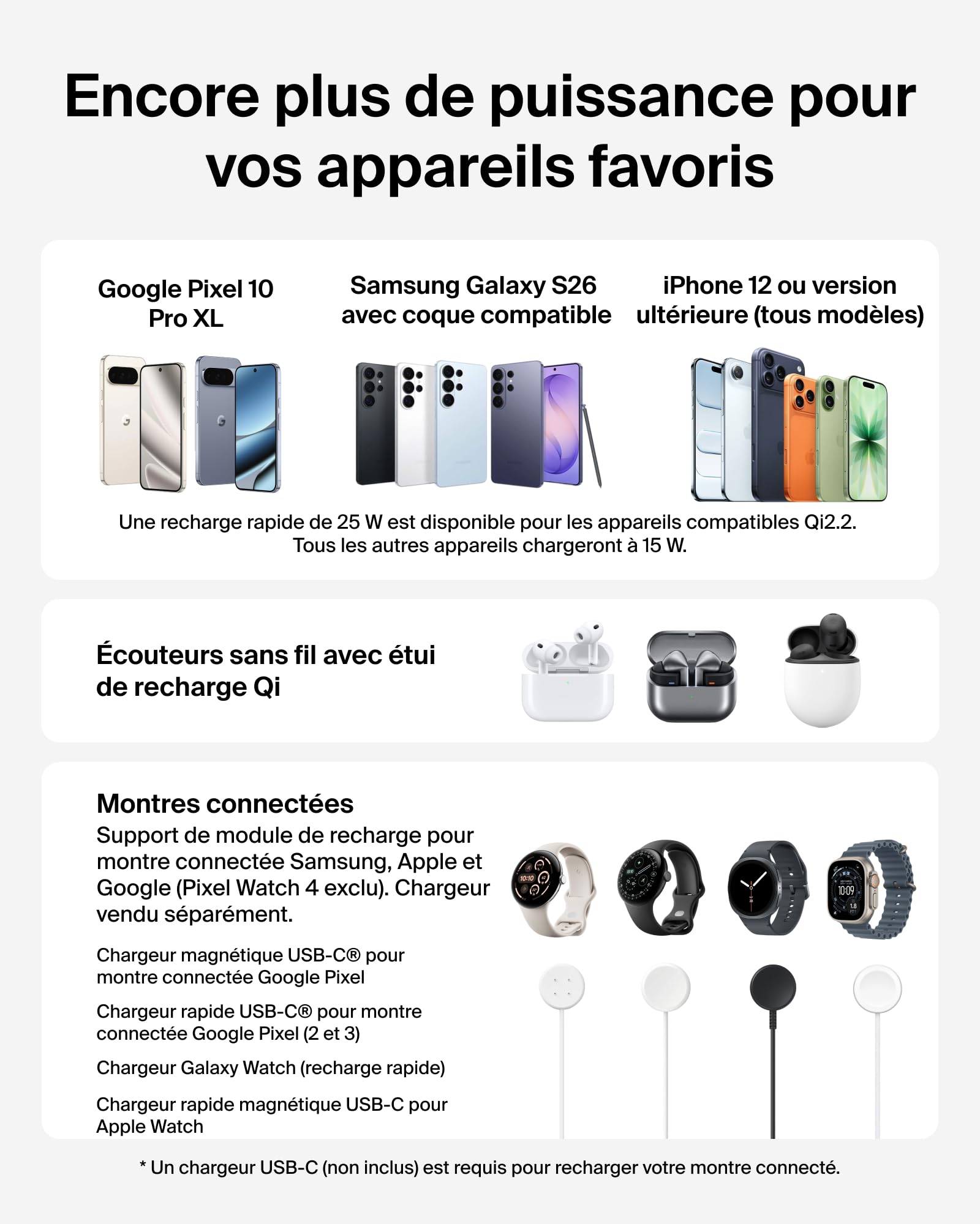 Belkin UltraCharge Station sans Fil 3-en-1 avec Qi2, 25 W - Blanc | Chargeur Magnétique Qi2.2, USB-C, Chargeur Sans Fil Pour iPhone, Galaxy, Écouteurs, Montre Connectée, Adaptateur Secteur 45 W