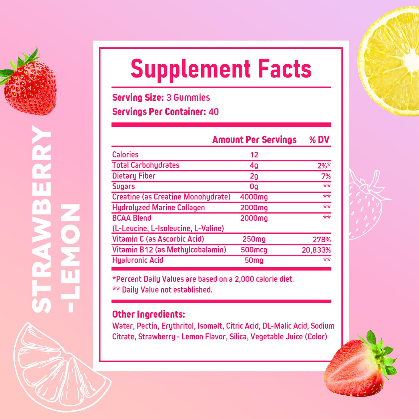 Creatine for Women + Collagen + BCAAs + Vitamin C & B12, 120 Sugar Free Creatine Gummies for Women, Creatine Monohydrate Gummies Pre Workout for Booty, Energy & Strength, Strawberry-Lemon Flavor — Amazon image 6